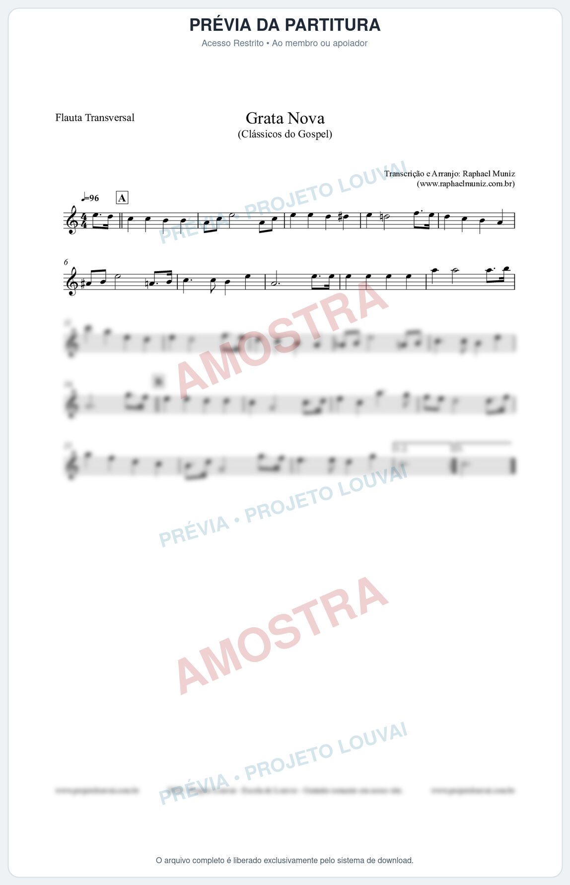 Prévia protegida da primeira página da partitura Partitura para Flauta Transversal - Grata Nova - Harpa Cristã 18 (Tom Am) - Clássicos do Gospel