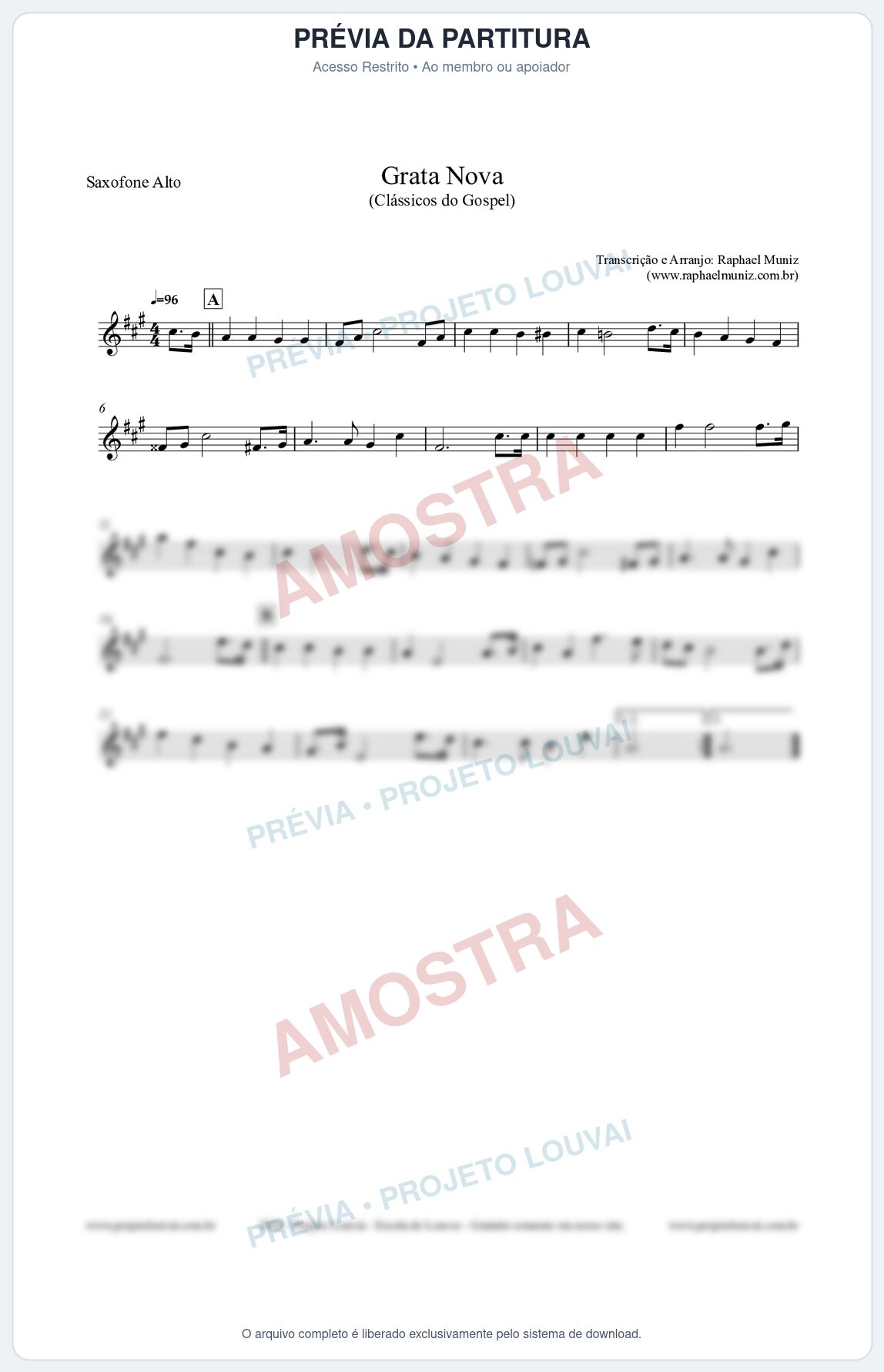 Prévia protegida da primeira página da partitura Partitura para Saxofone Alto - Grata Nova - Harpa Cristã 18 (Tom Am) - Clássicos do Gospel