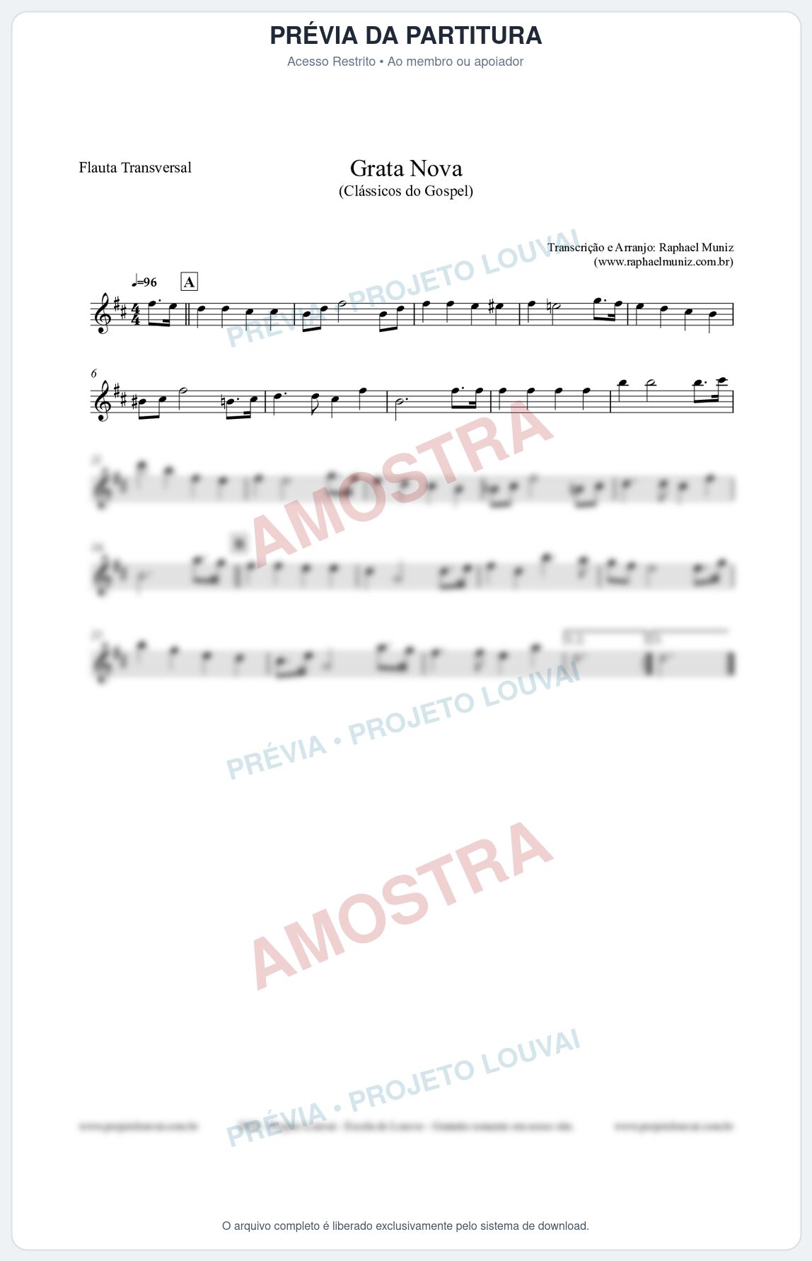 Prévia protegida da primeira página da partitura Partitura para Flauta Transversal - Grata Nova - Harpa Cristã 18 (Tom Bm) - Clássicos do Gospel