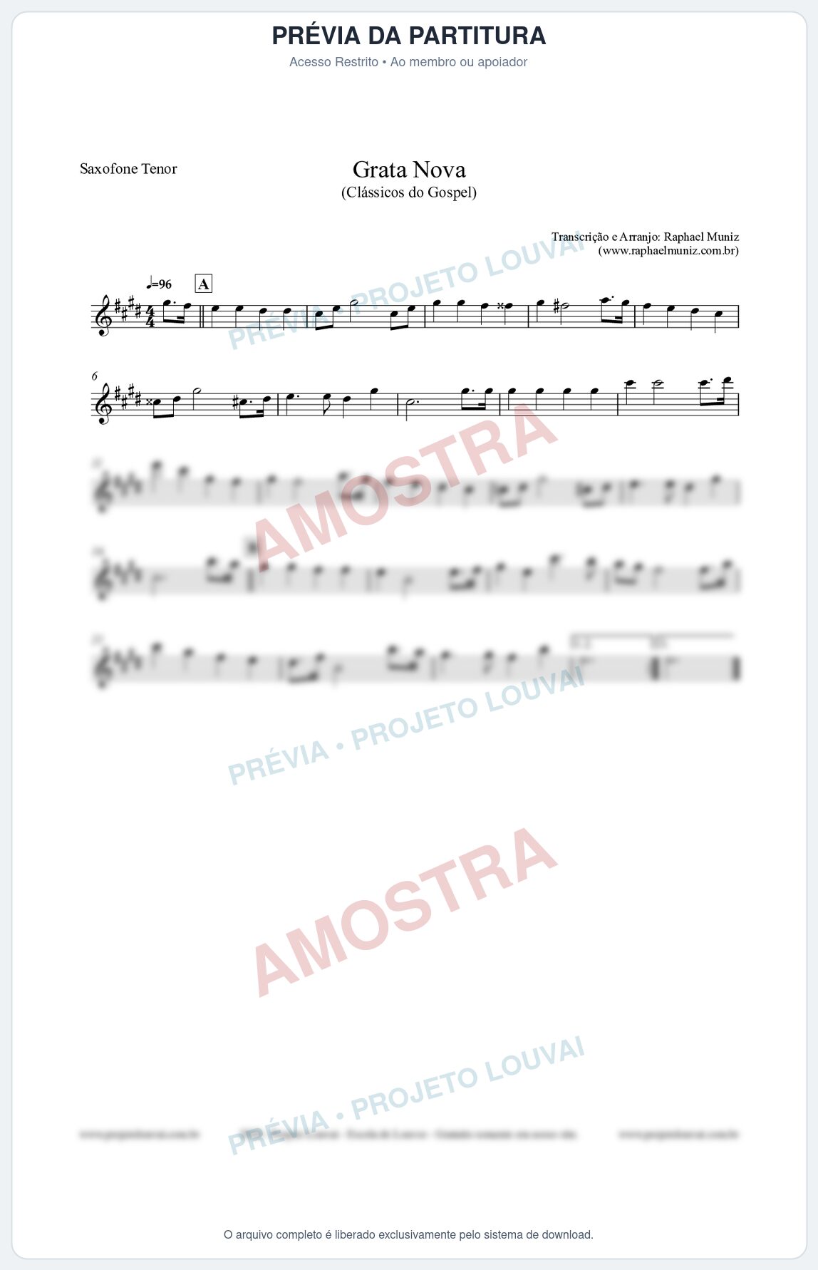 Prévia protegida da primeira página da partitura Partitura para Saxofone Tenor - Grata Nova - Harpa Cristã 18 (Tom Bm) - Clássicos do Gospel