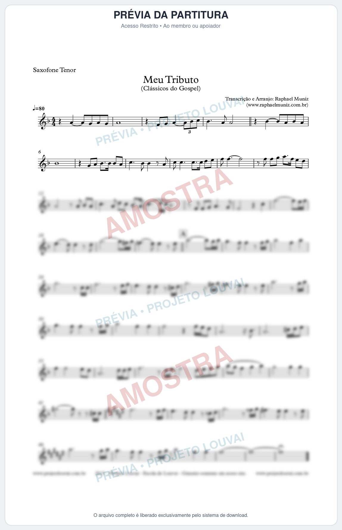 Prévia protegida da primeira página da partitura Partitura para Sax Tenor - Meu Tributo - Clássicos do Gospel