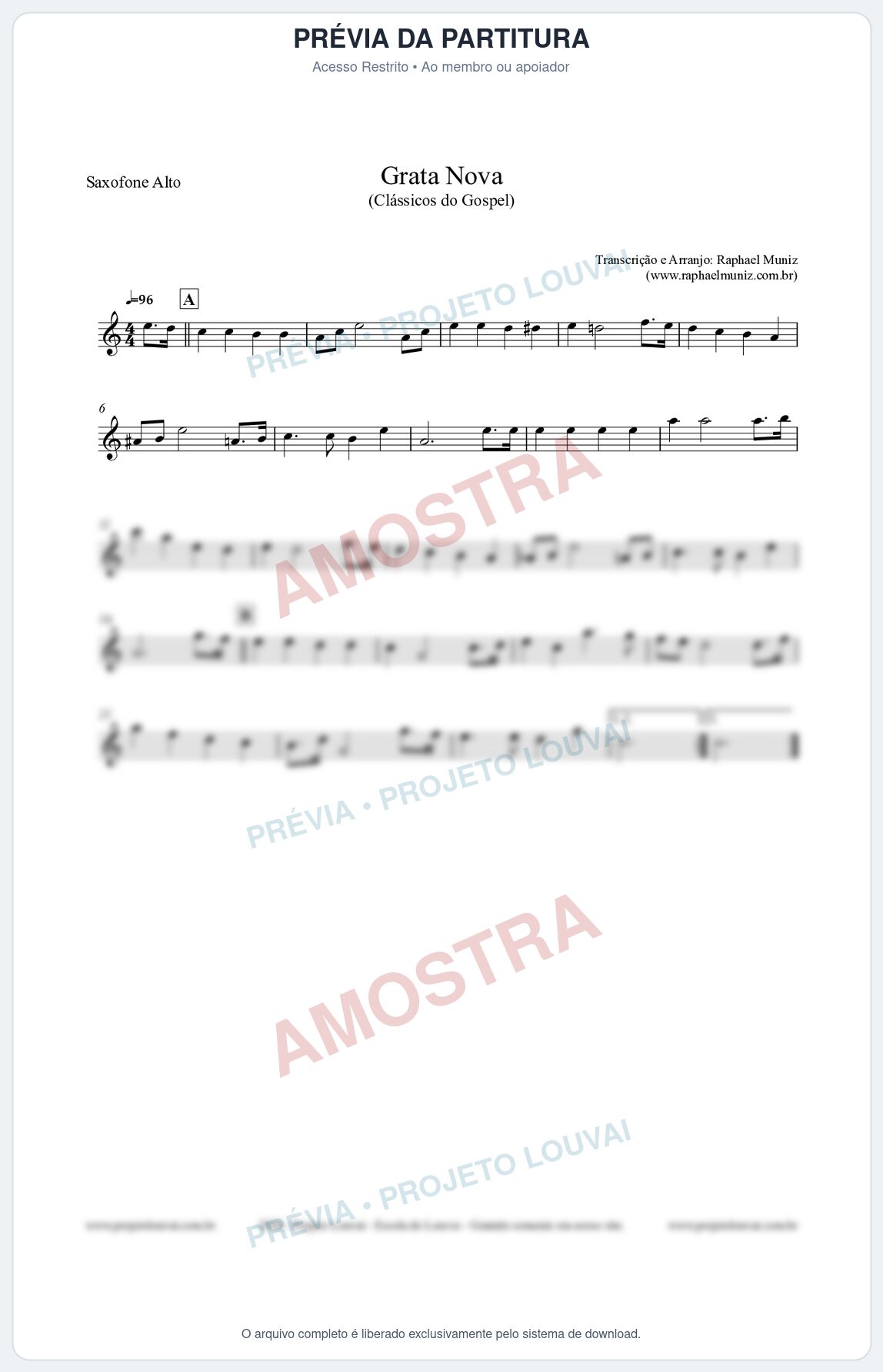 Prévia protegida da primeira página da partitura Partitura para Saxofone Alto - Grata Nova - Harpa Cristã 18 (Tom Cm) - Clássicos do Gospel