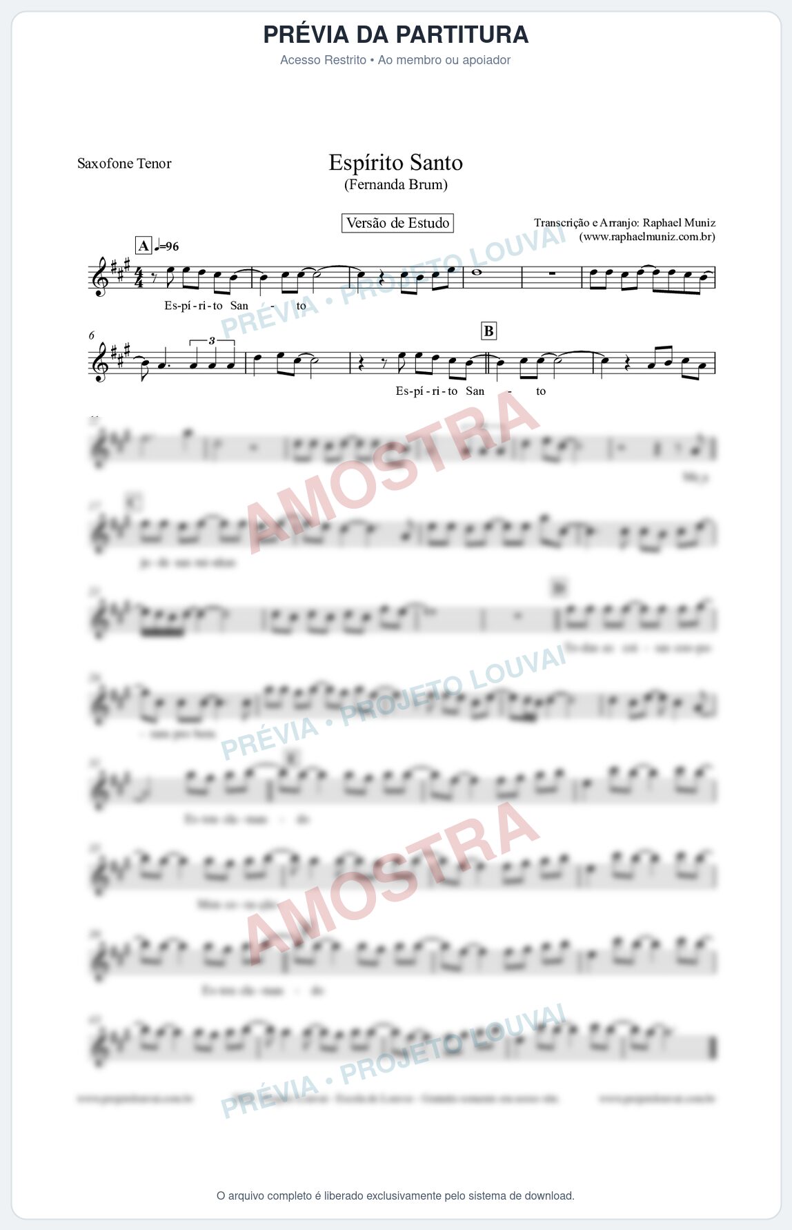 Prévia protegida da primeira página da partitura Partitura para Saxofone Tenor - Espírito Santo (Versão de Estudo) - Fernanda Brum
