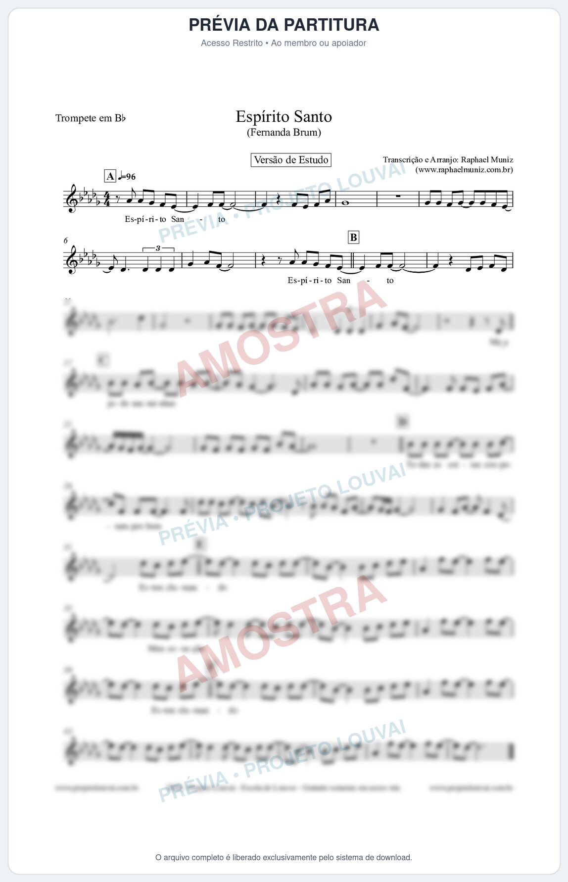 Prévia protegida da primeira página da partitura Partitura para Trompete em Bb - Espírito Santo (Versão de Estudo) - Fernanda Brum