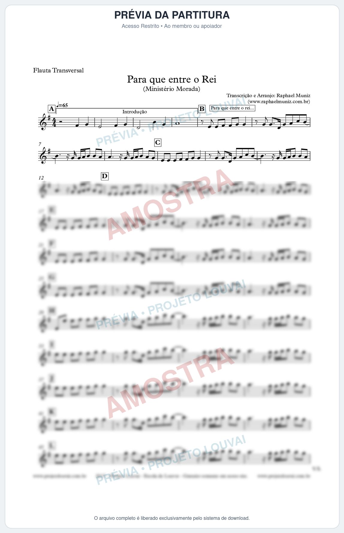 Prévia protegida da primeira página da partitura Partitura para Flauta Transversal - Para que entre o Rei - Morada