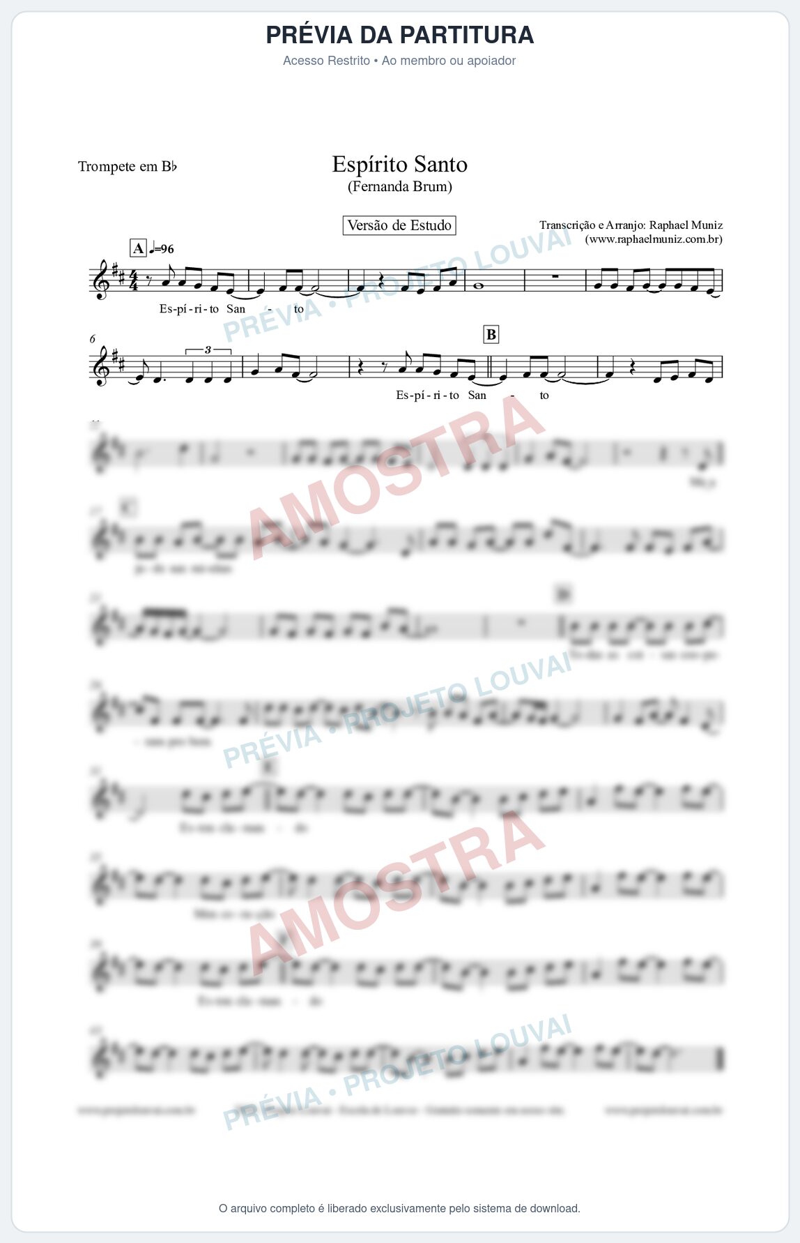 Prévia protegida da primeira página da partitura Partitura para Trompete em Bb - Espírito Santo (Versão de Estudo) - Fernanda Brum