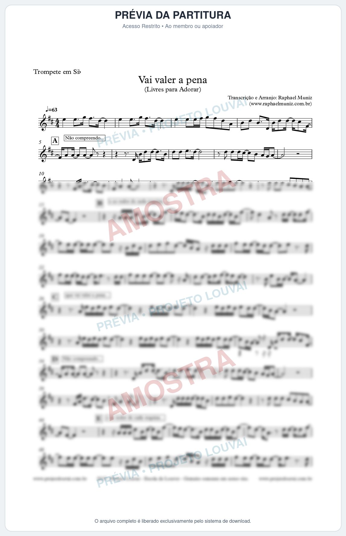 Prévia protegida da primeira página da partitura Partitura para Trompete - Vai valer a pena - Livres - Juliano Son