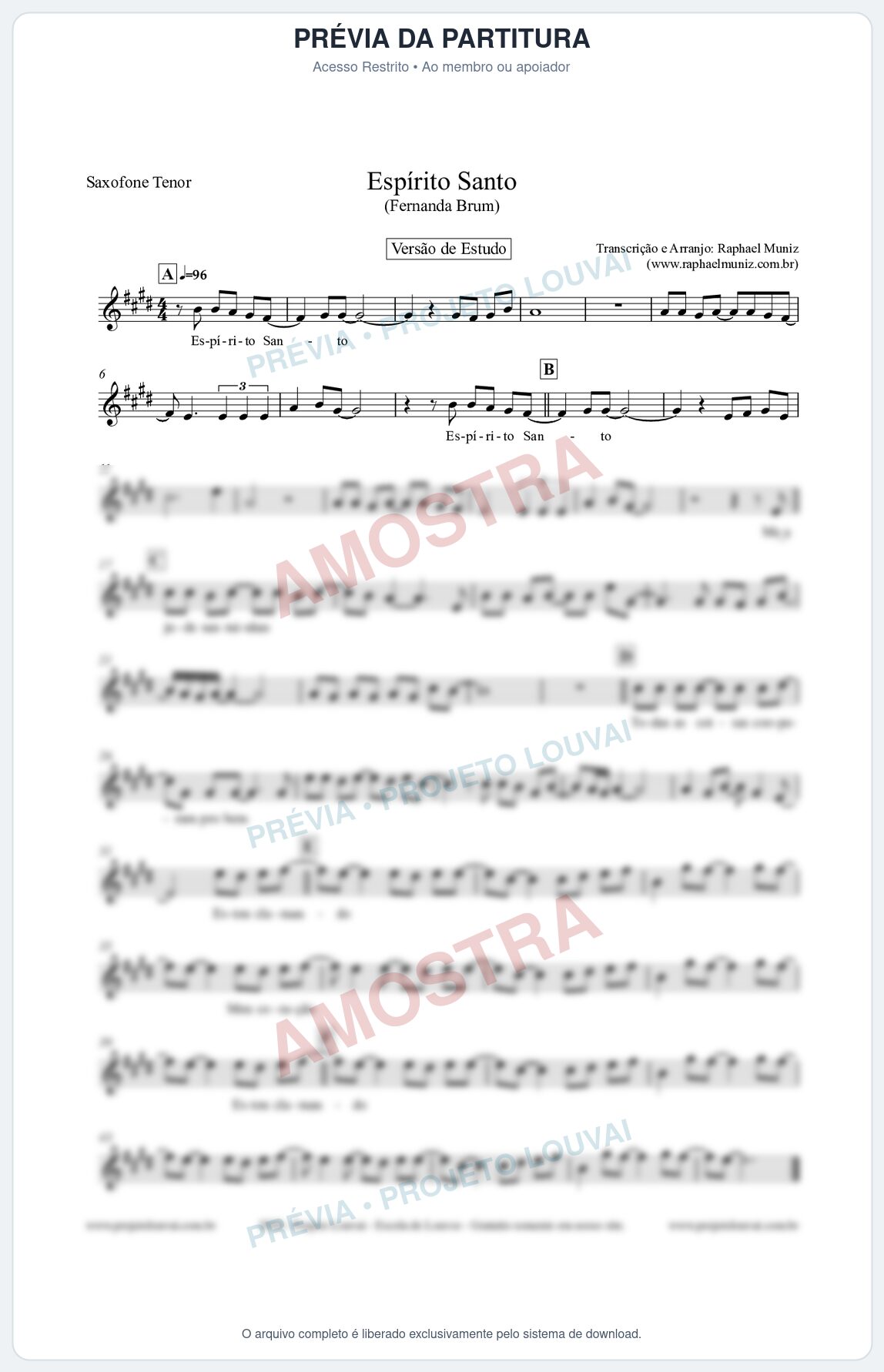 Prévia protegida da primeira página da partitura Partitura para Saxofone Tenor - Espírito Santo (Versão de Estudo) - Fernanda Brum