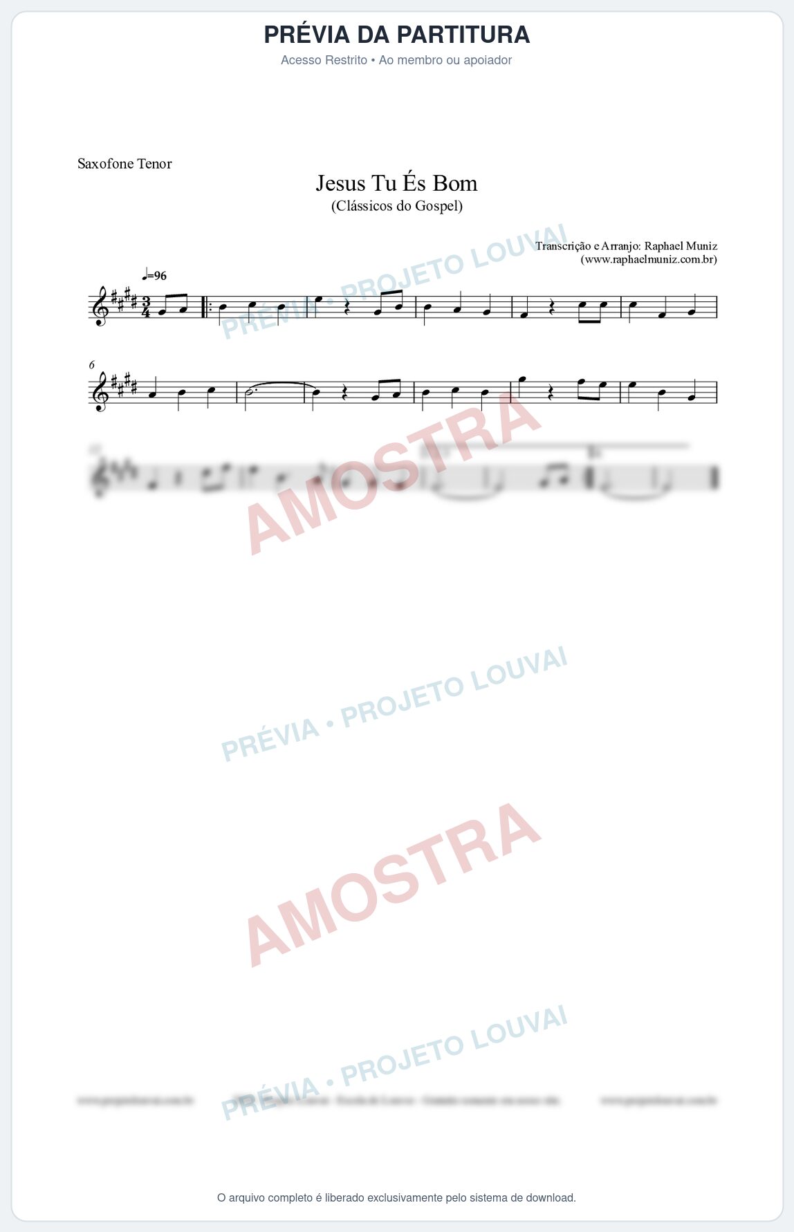 Prévia protegida da primeira página da partitura Partitura para Saxofone Tenor - Jesus Tu És Bom - Harpa Cristã nº25 - Clássicos do Gospel