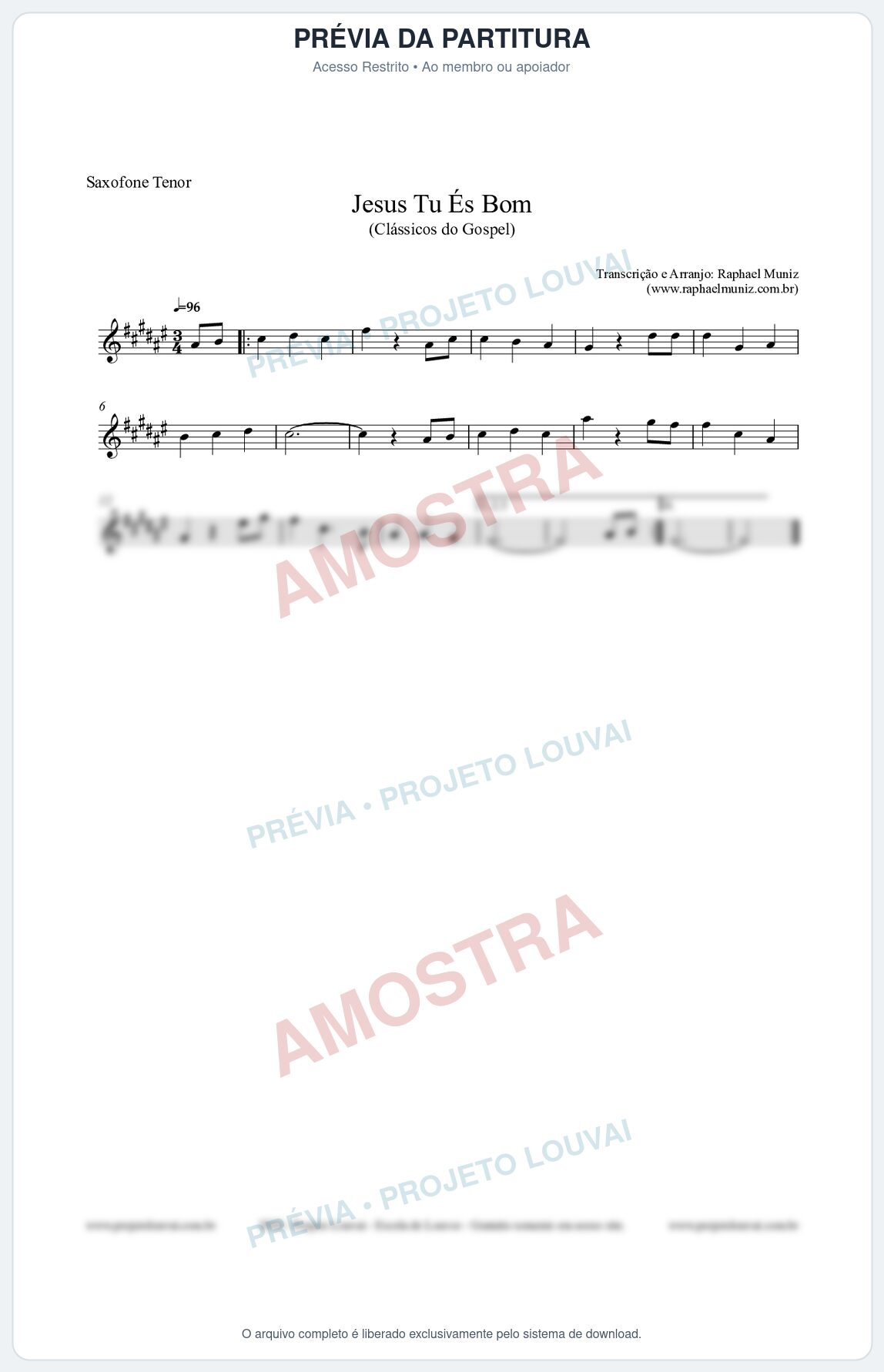 Prévia protegida da primeira página da partitura Partitura para Saxofone Tenor - Jesus Tu És Bom - Harpa Cristã nº25 - Clássicos do Gospel