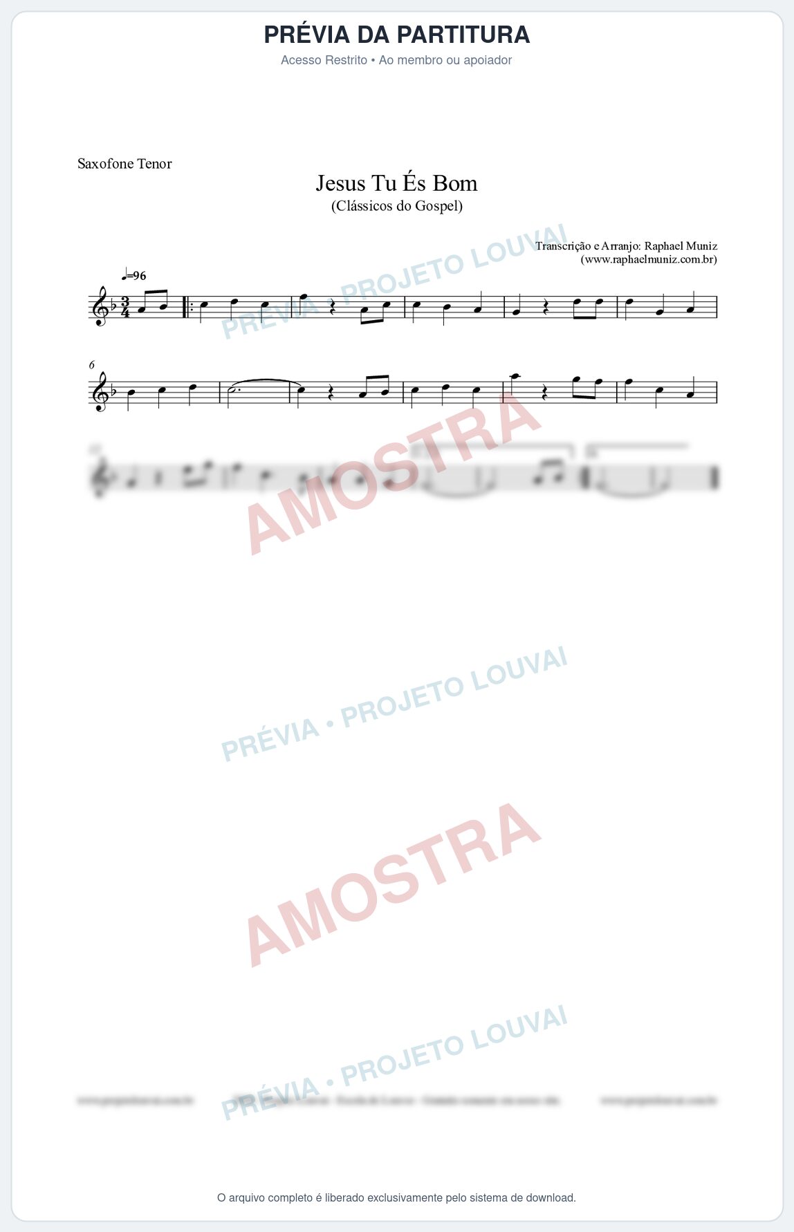 Prévia protegida da primeira página da partitura Partitura para Saxofone Tenor - Jesus Tu És Bom - Harpa Cristã nº25 - Clássicos do Gospel