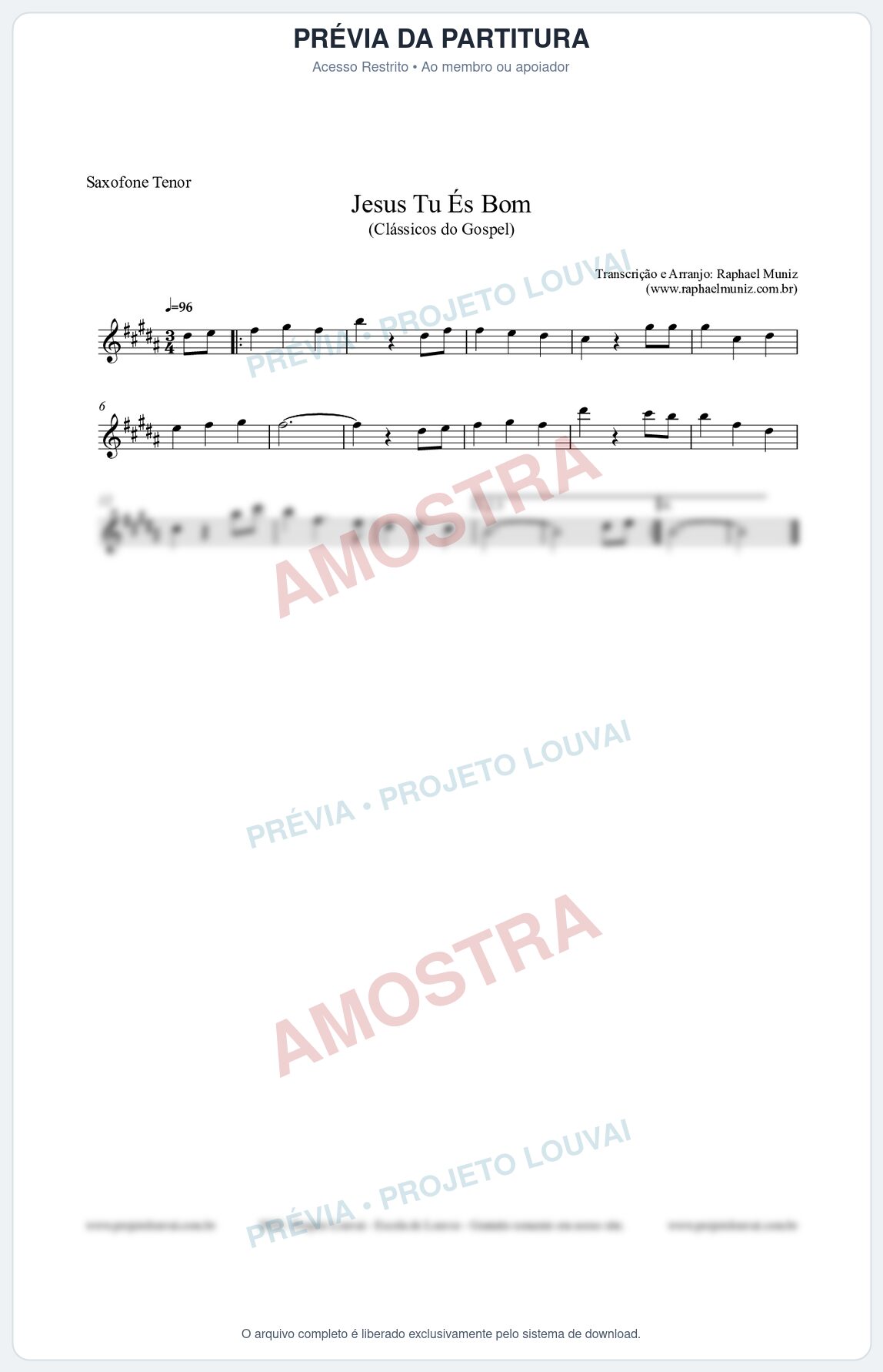 Prévia protegida da primeira página da partitura Partitura para Saxofone Tenor - Jesus Tu És Bom - Harpa Cristã nº25 - Clássicos do Gospel