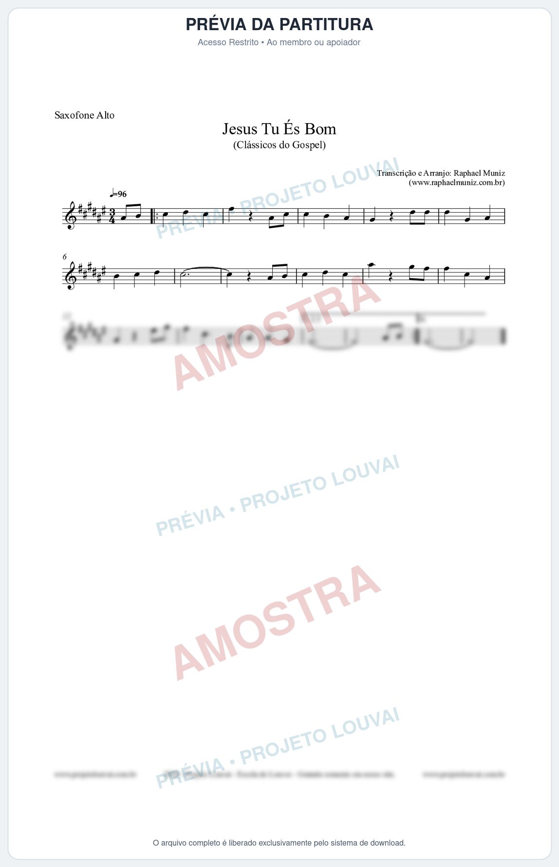 Prévia protegida da primeira página da partitura Partitura para Saxofone Alto - Jesus Tu És Bom - Harpa Cristã nº25 - Clássicos do Gospel