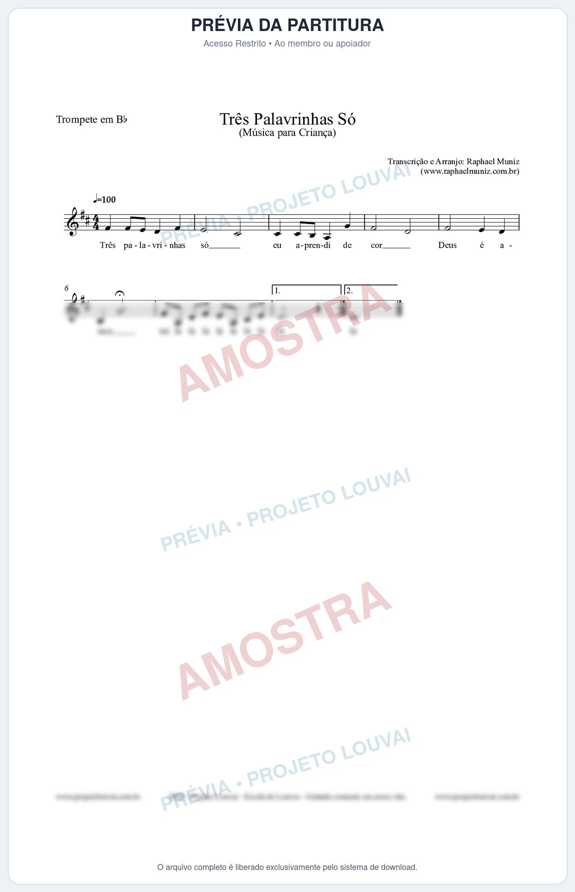 Prévia protegida da primeira página da partitura Partitura para Trompete em Bb - Três Palavrinhas Só - Música Infantil
