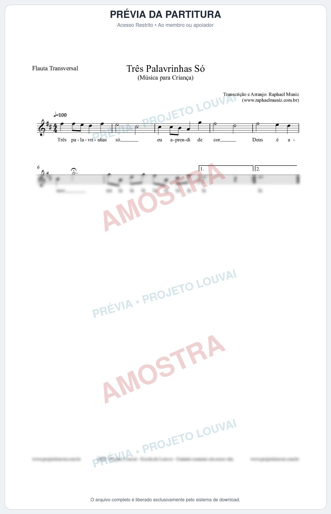 Prévia protegida da primeira página da partitura Partitura para Flauta Transversal - Três Palavrinhas Só - Música Infantil