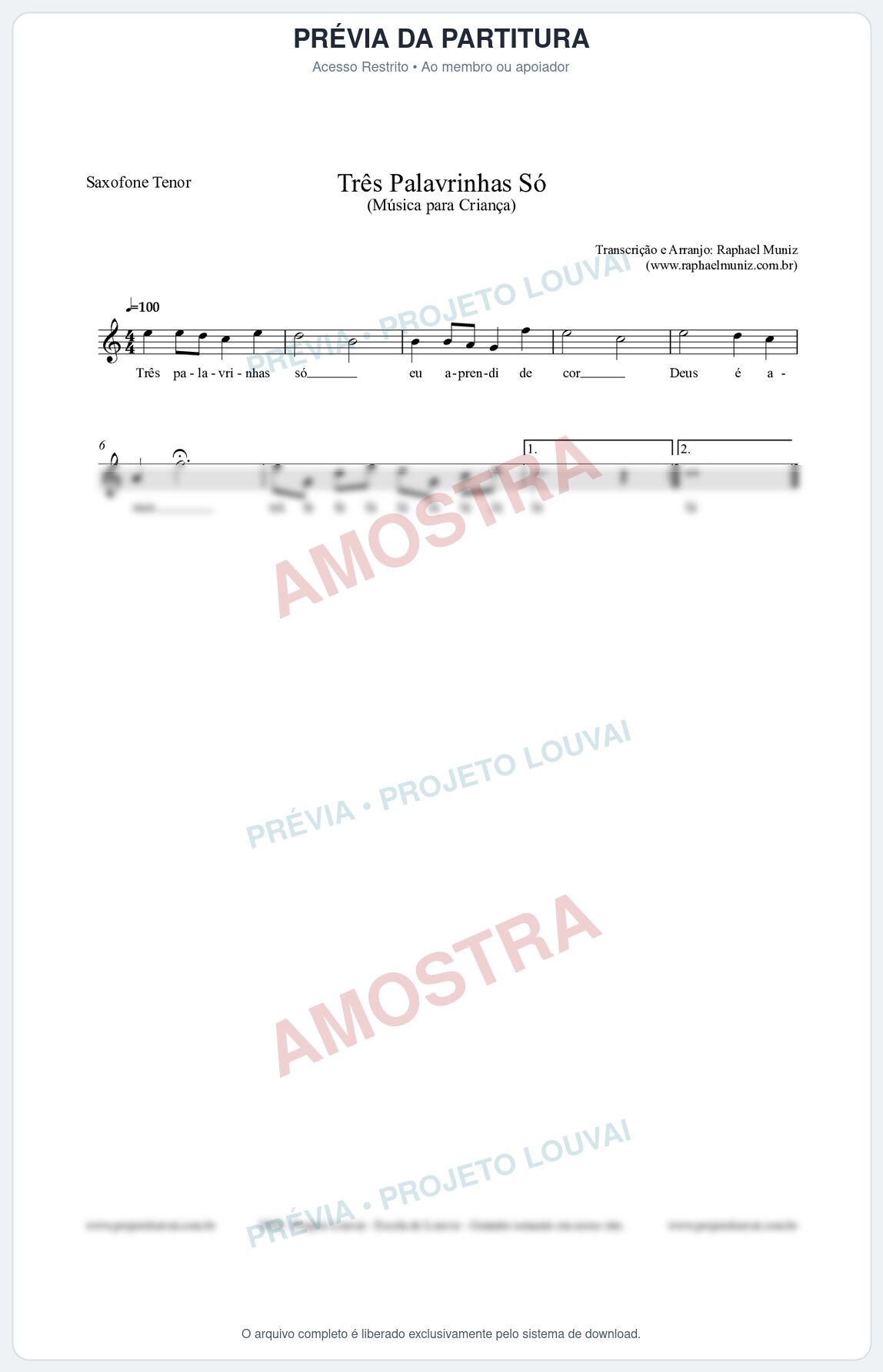 Prévia protegida da primeira página da partitura Partitura para Saxofone Tenor - Três Palavrinhas Só - Música Infantil