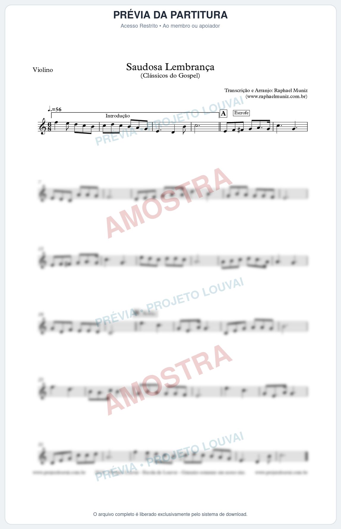 Prévia protegida da primeira página da partitura Partitura para Violino - Saudosa Lembrança - Harpa Cristã nº 2