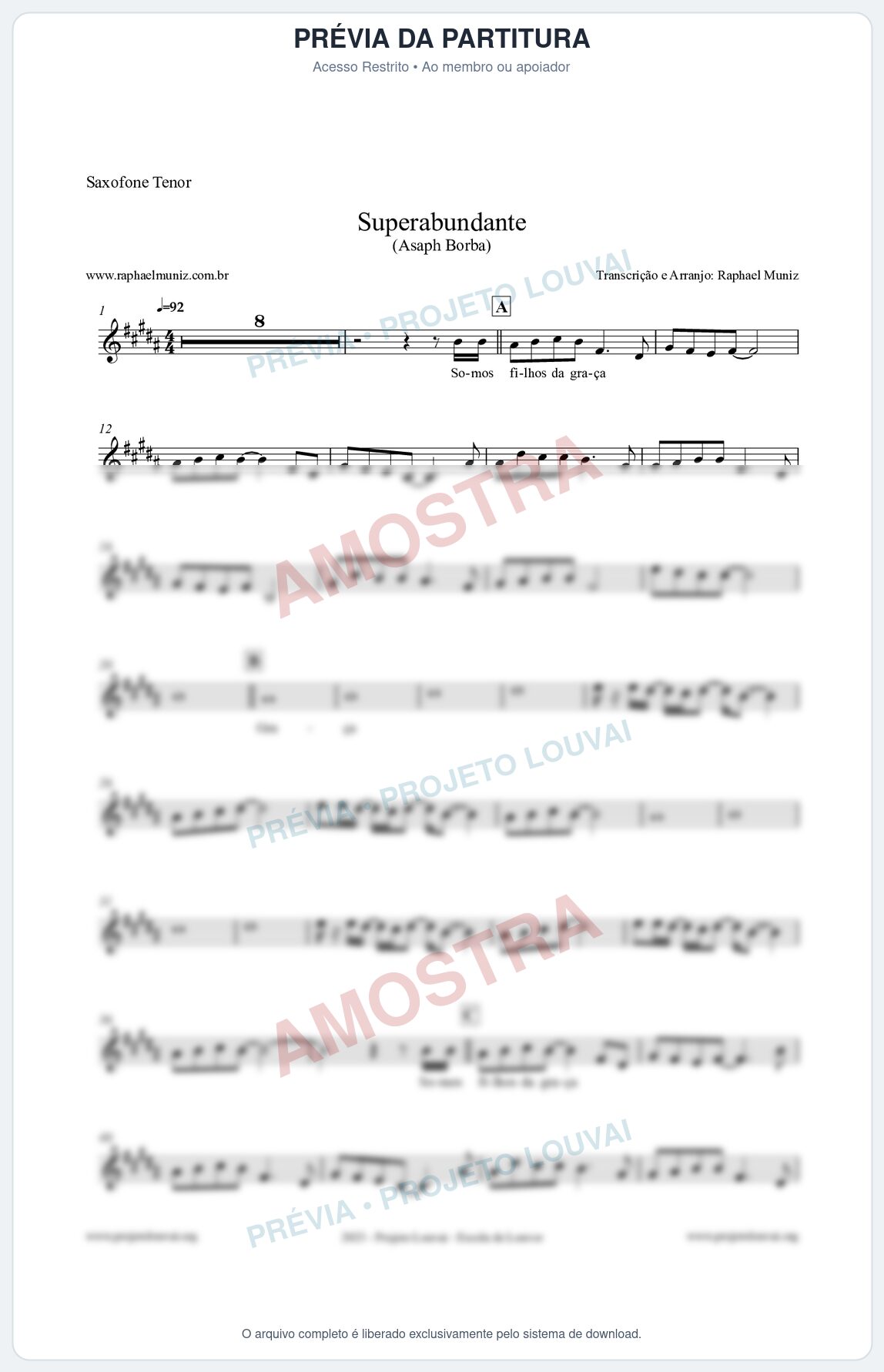 Prévia protegida da primeira página da partitura Partitura para Saxofone Tenor - Superabundante - Asaph Borba
