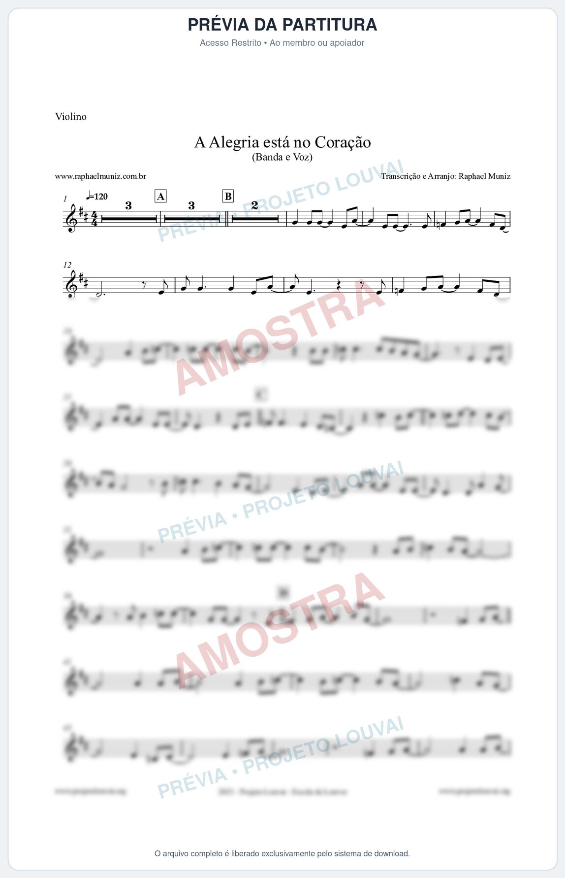 Prévia protegida da primeira página da partitura Partitura para Violino - A Alegria Está no Coração - Banda e Voz