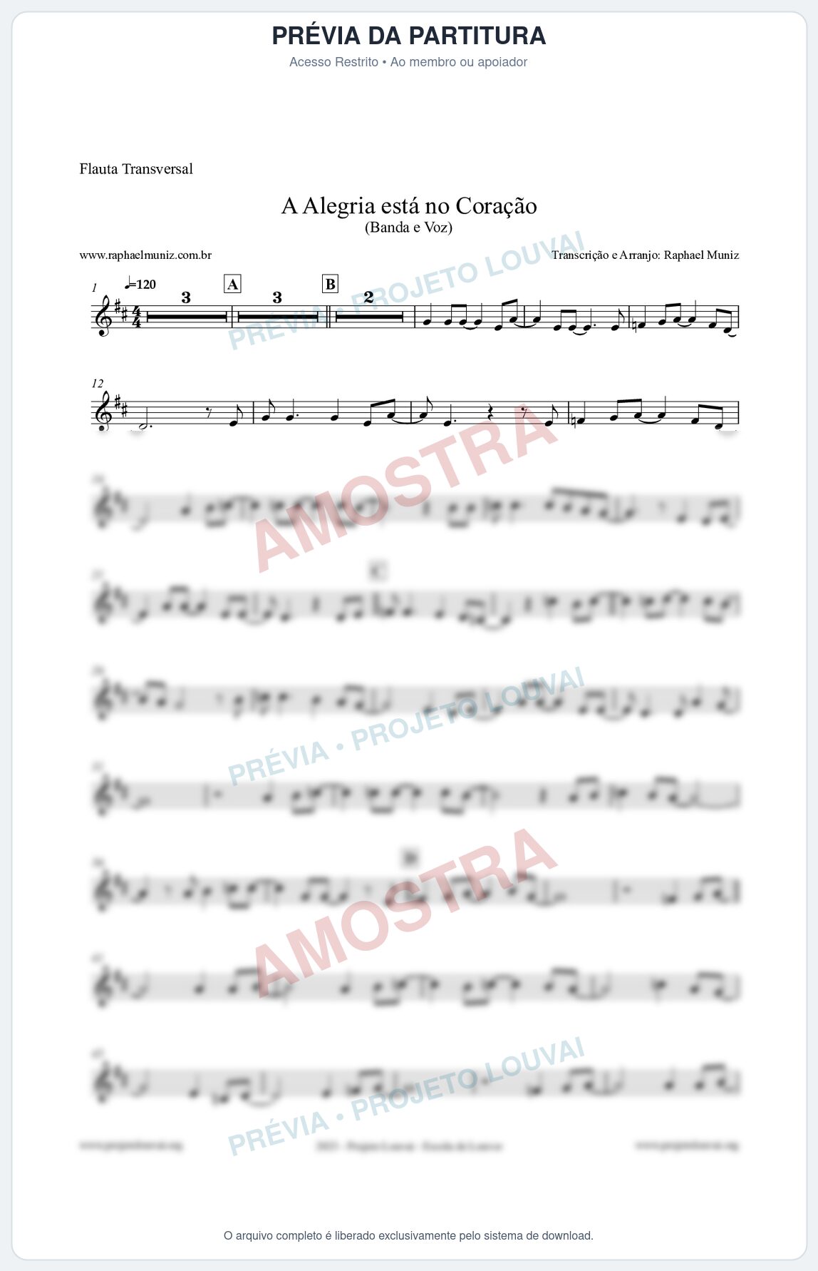 Prévia protegida da primeira página da partitura Partitura para Flauta Transversal - A Alegria Está no Coração - Banda e Voz