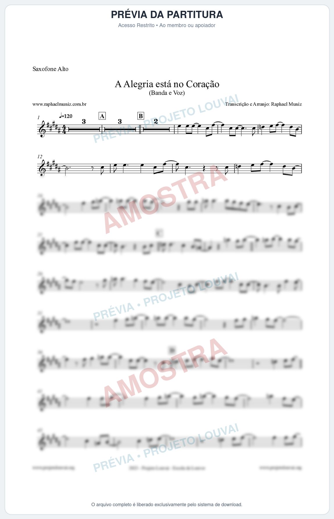Prévia protegida da primeira página da partitura Partitura para Saxofone Alto - A Alegria Está no Coração - Banda e Voz