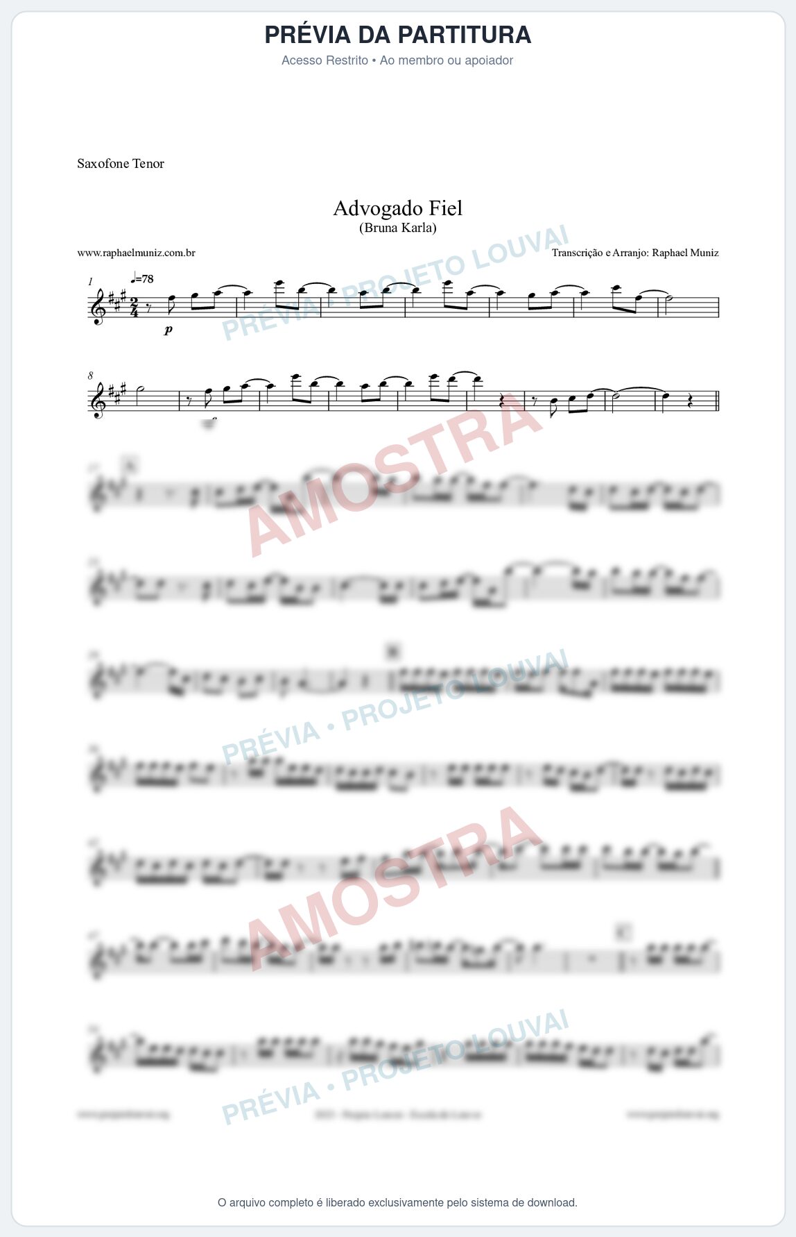 Prévia protegida da primeira página da partitura Partitura para Saxofone Tenor - Advogado Fiel - Bruna Karla