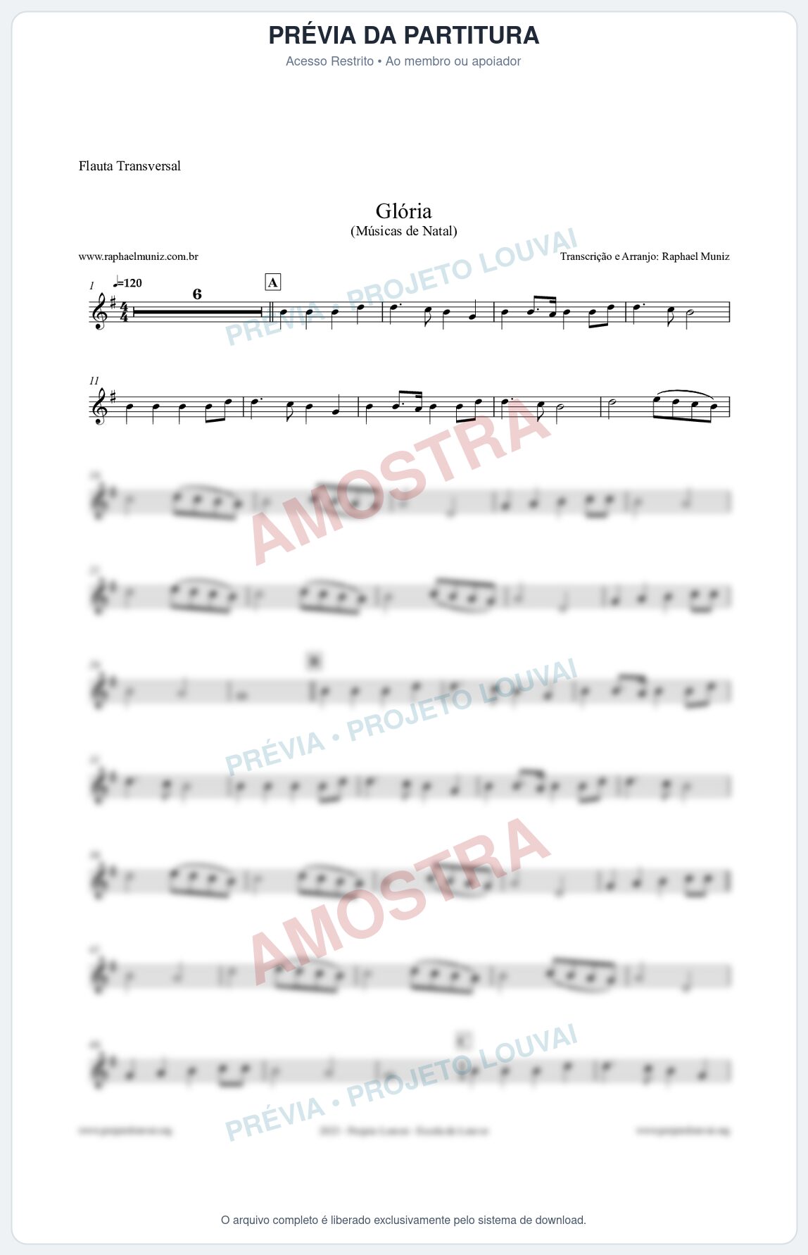 Prévia protegida da primeira página da partitura Partitura para Flauta Transversal - Glória - Músicas de Natal