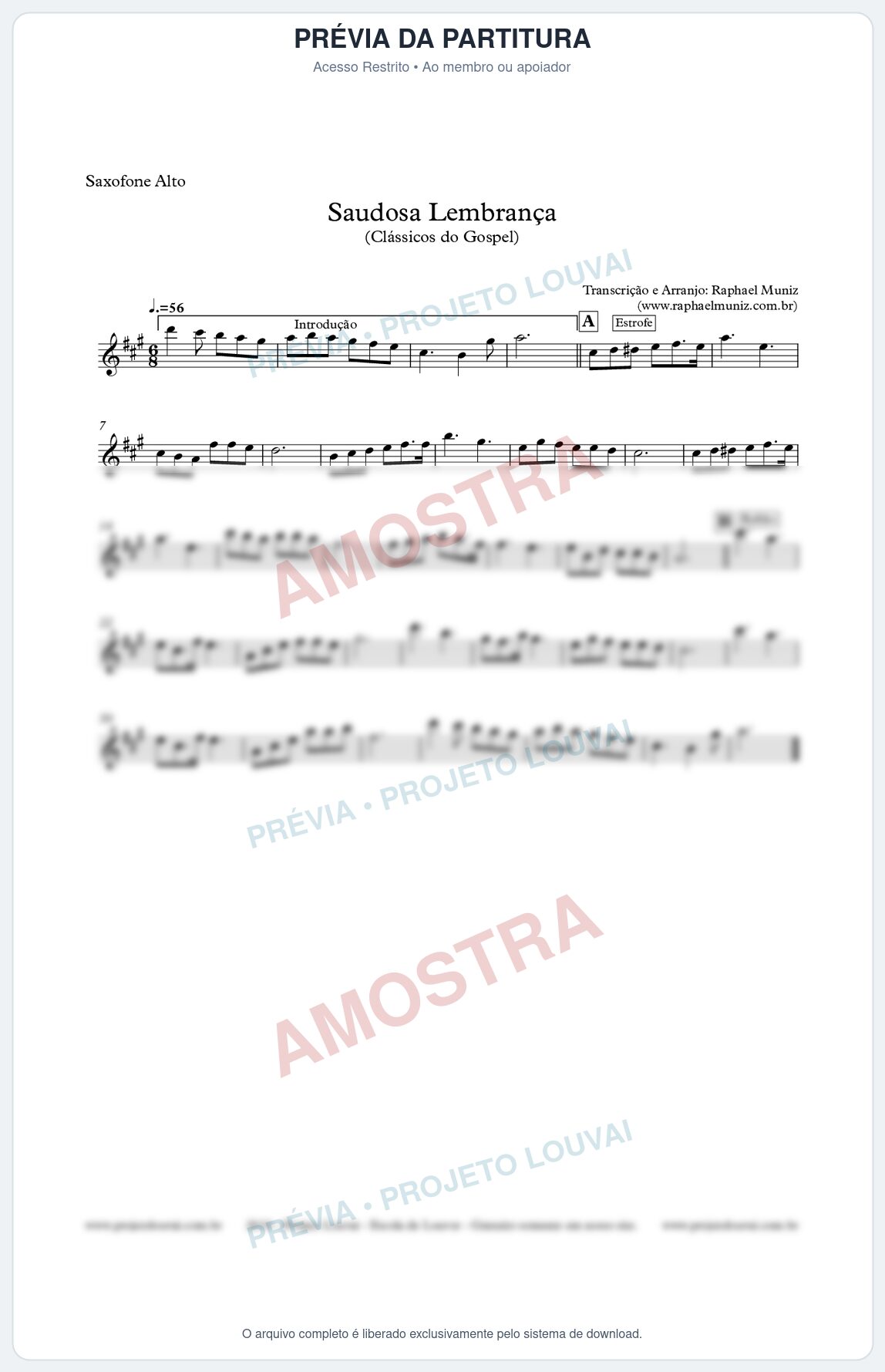 Prévia protegida da primeira página da partitura Partitura para Sax Alto - Saudosa Lembrança - Harpa Cristã nº 2