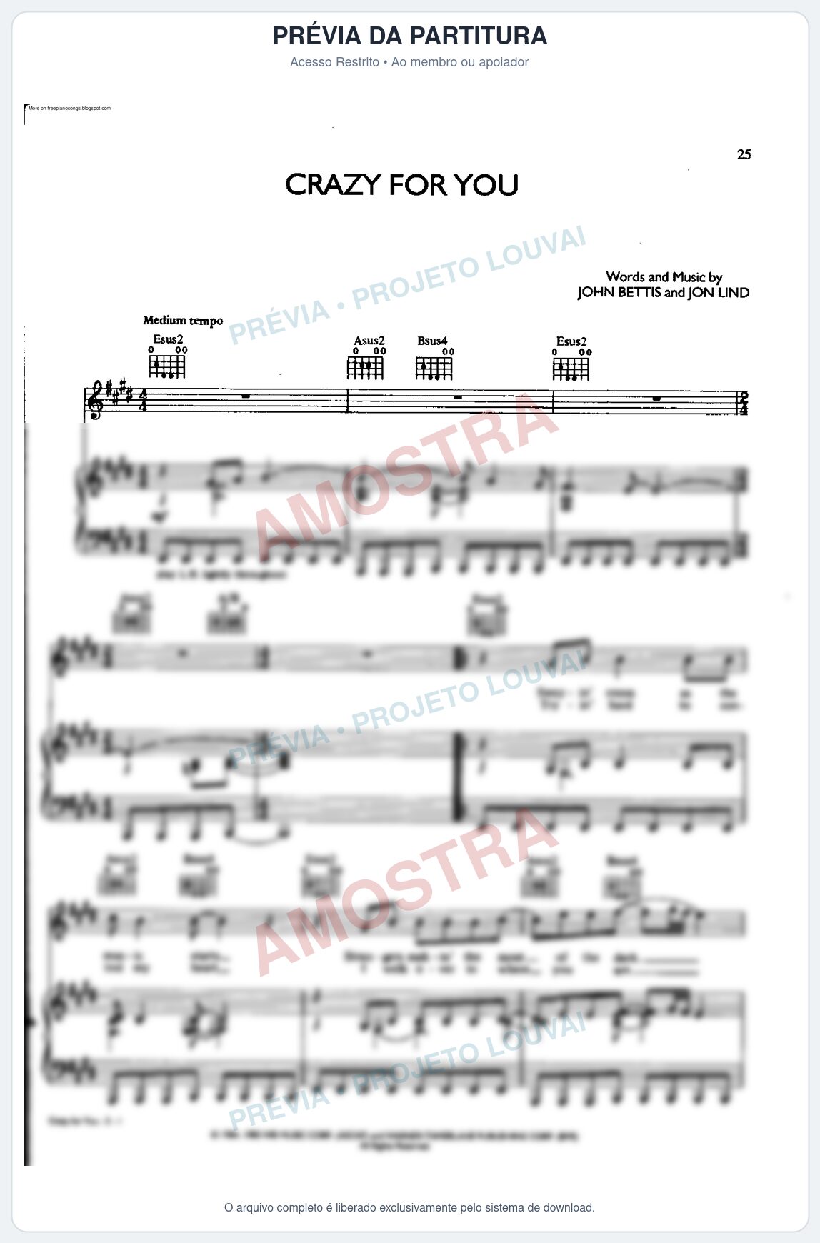 Prévia protegida da primeira página da partitura Partitura para Violino - Crazy For You - Madonna
