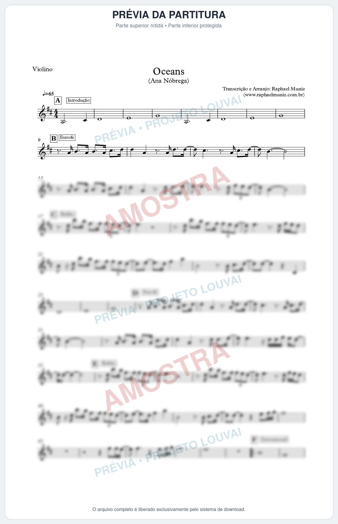 Prévia protegida da primeira página da partitura Partitura para Violino - Oceans (Oceanos) - Hilsong - Ana Nóbrega