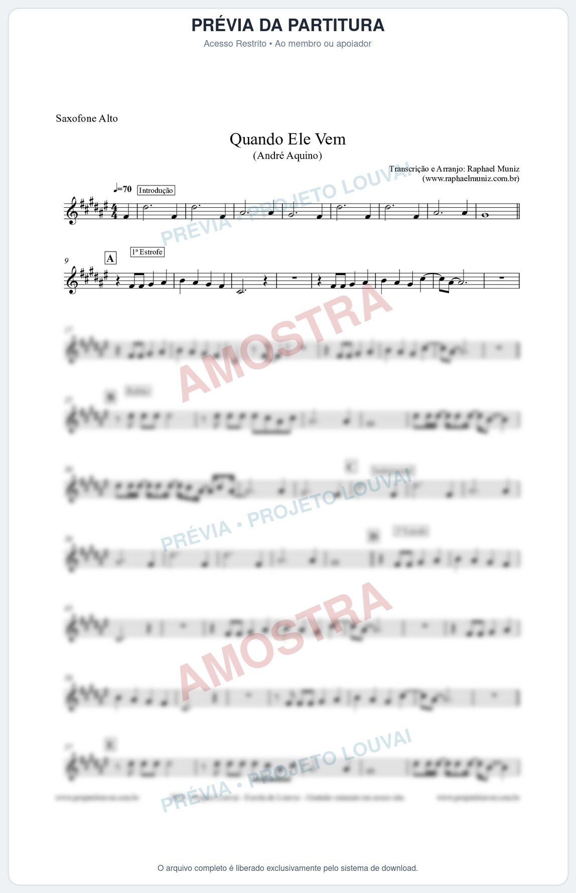 Prévia protegida da primeira página da partitura Partitura para Sax Alto - Quando Ele Vem - André Aquino