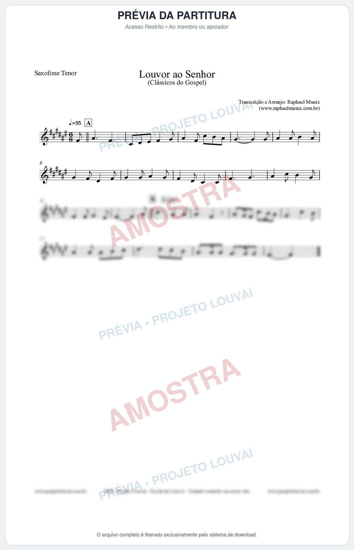 Prévia protegida da primeira página da partitura Partitura para Saxofone Tenor - Louvor ao Senhor - Cantor Cristão nº3 - Clássicos do Gospel