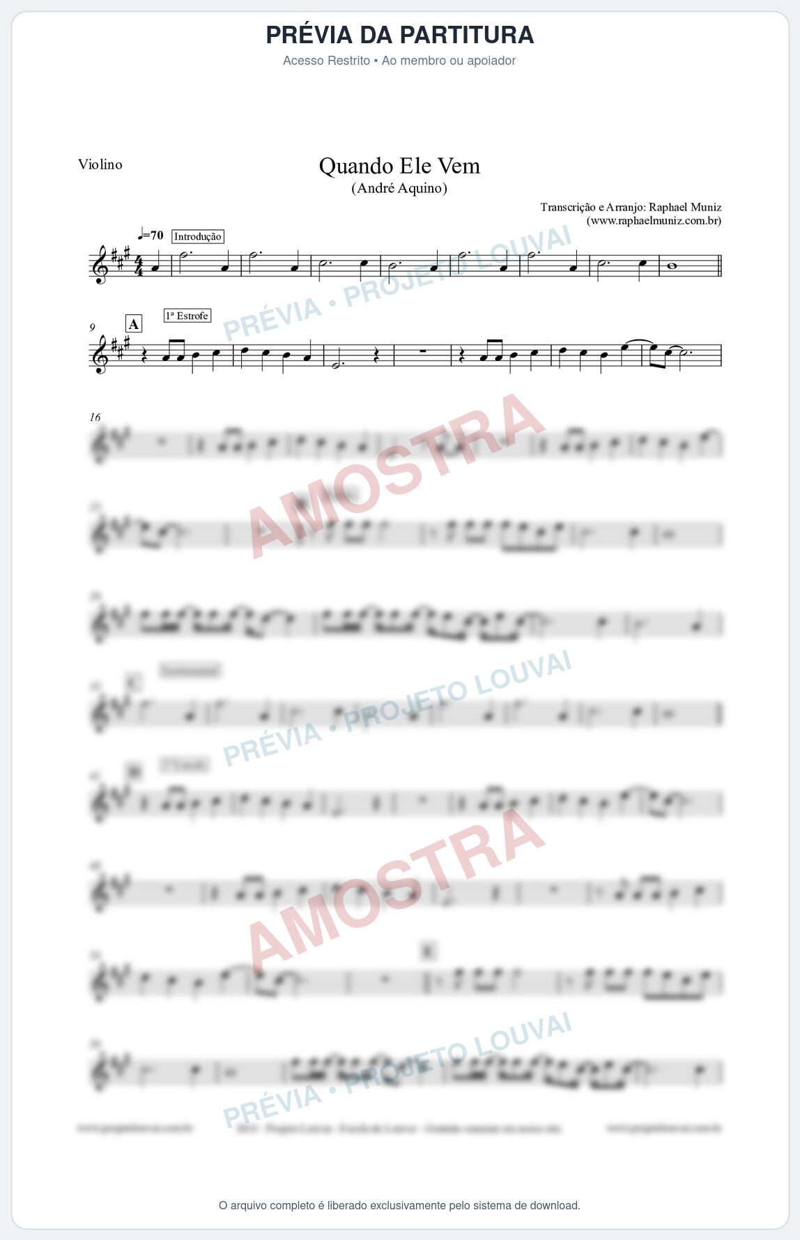 Prévia protegida da primeira página da partitura Partitura para Violino - Quando Ele Vem - André Aquino