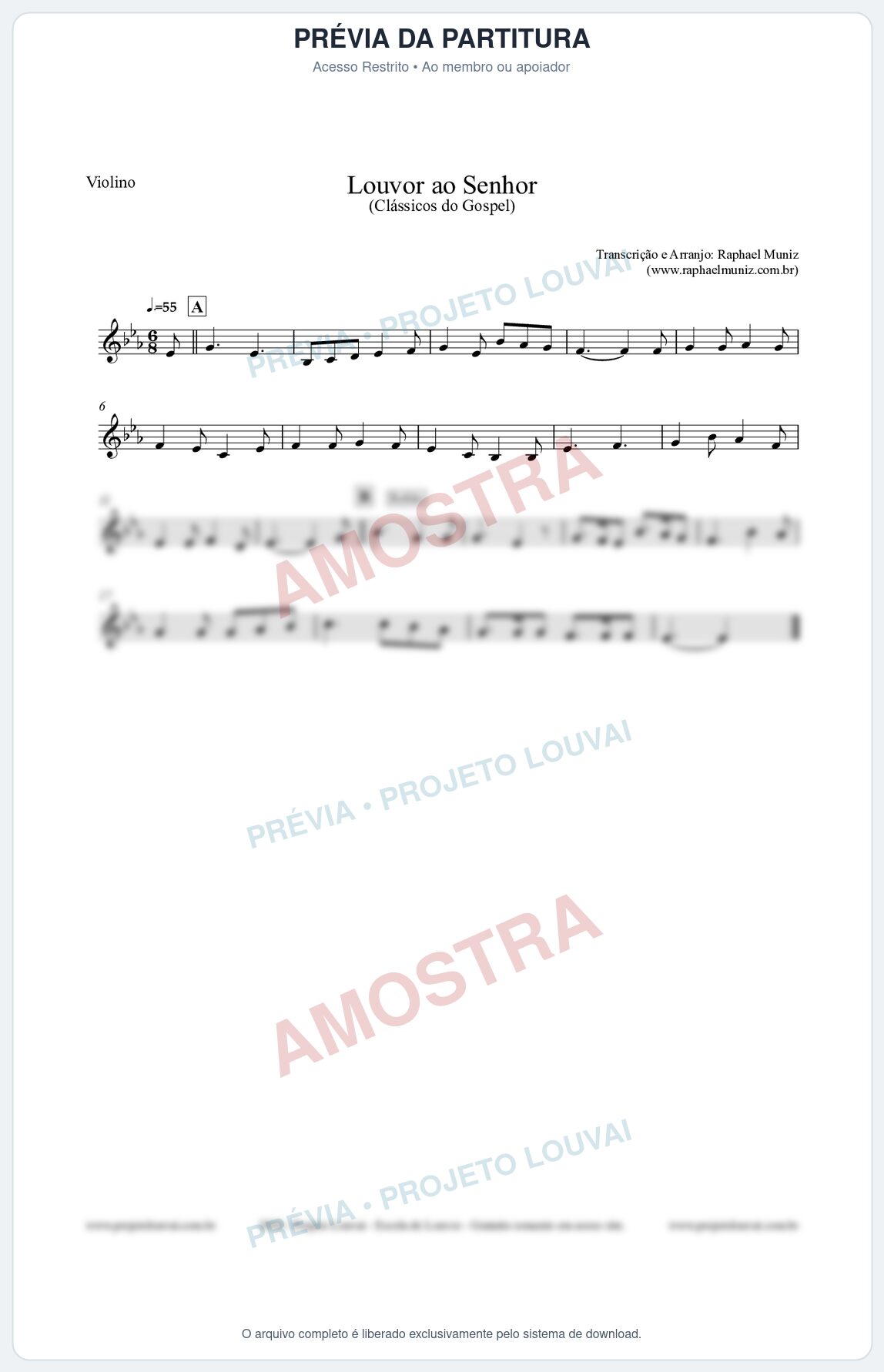 Prévia protegida da primeira página da partitura Partitura para Violino - Louvor ao Senhor - Cantor Cristão nº3 - Clássicos do Gospel