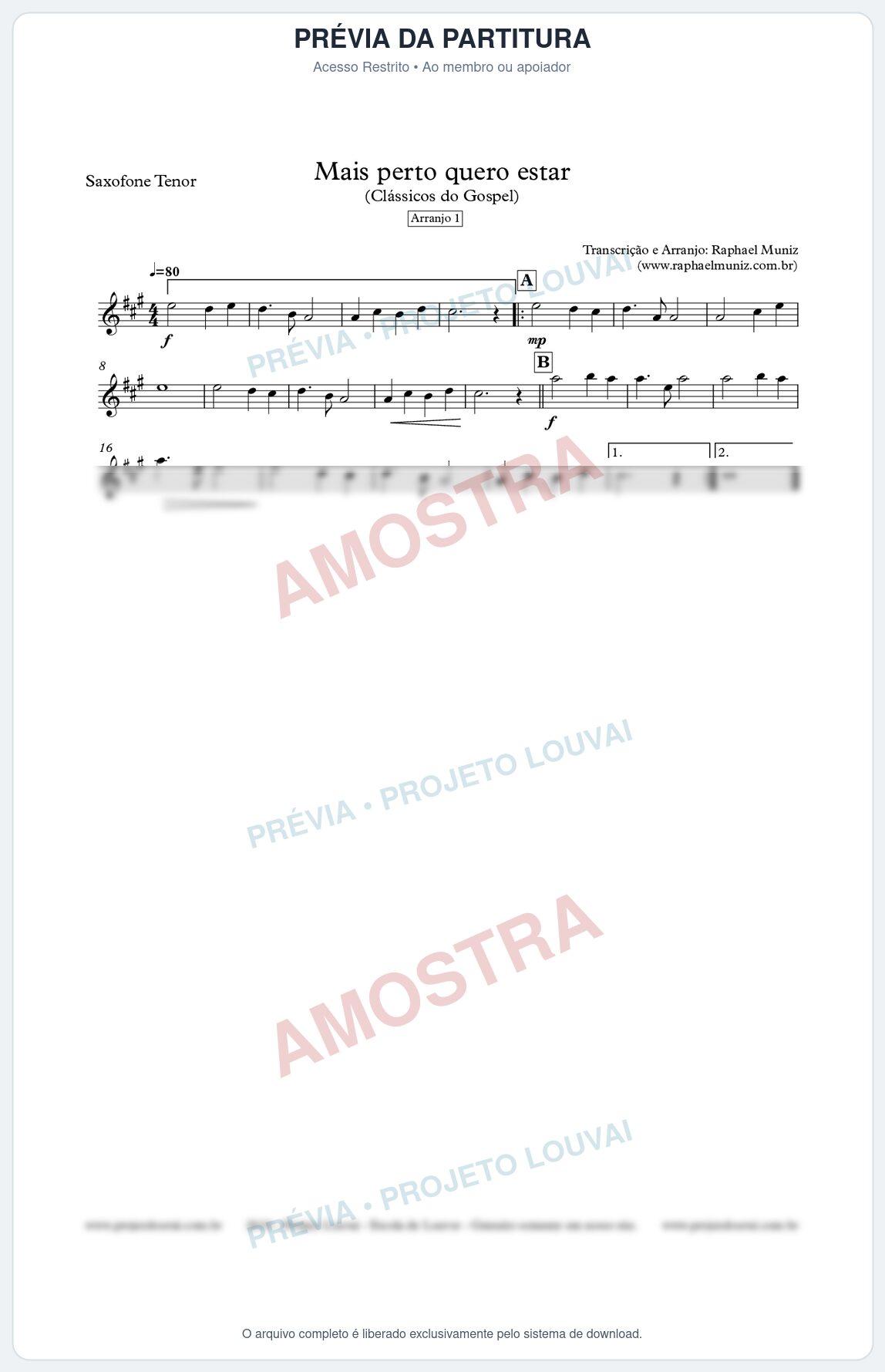 Prévia protegida da primeira página da partitura Partitura para Sax Tenor  - Mais Perto Quero Estar (Arranjo 1 para Quarteto de Saxofone)