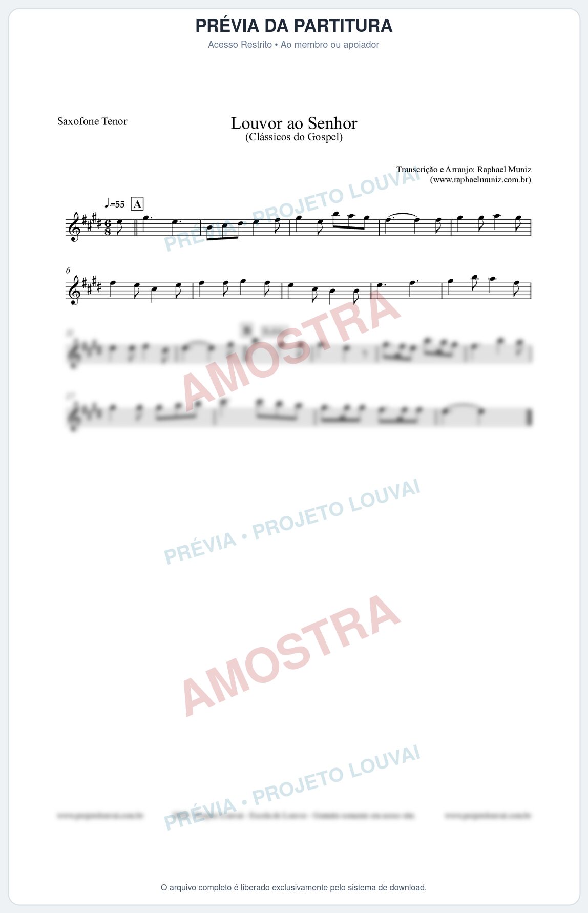 Prévia protegida da primeira página da partitura Partitura para Saxofone Tenor - Louvor ao Senhor - Cantor Cristão nº3 - Clássicos do Gospel