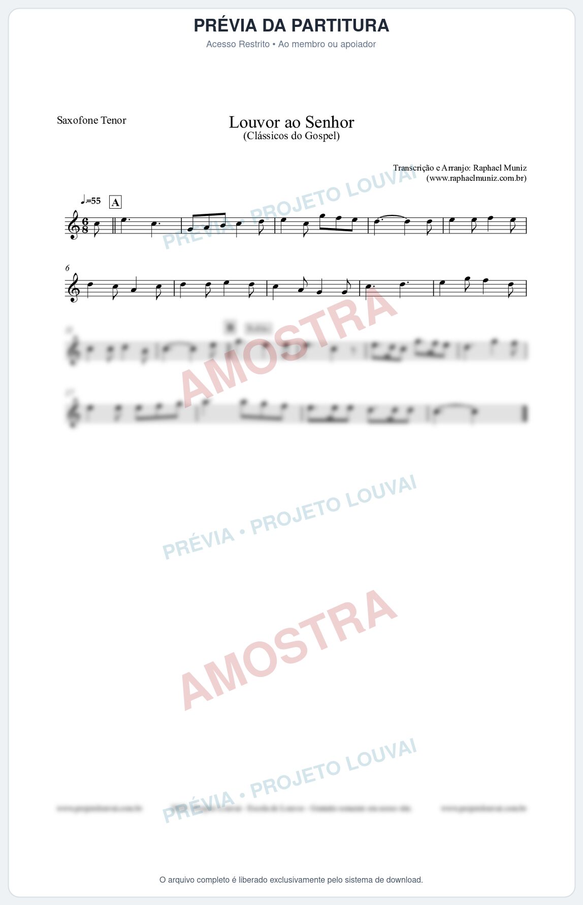 Prévia protegida da primeira página da partitura Partitura para Saxofone Tenor - Louvor ao Senhor - Cantor Cristão nº3 - Clássicos do Gospel