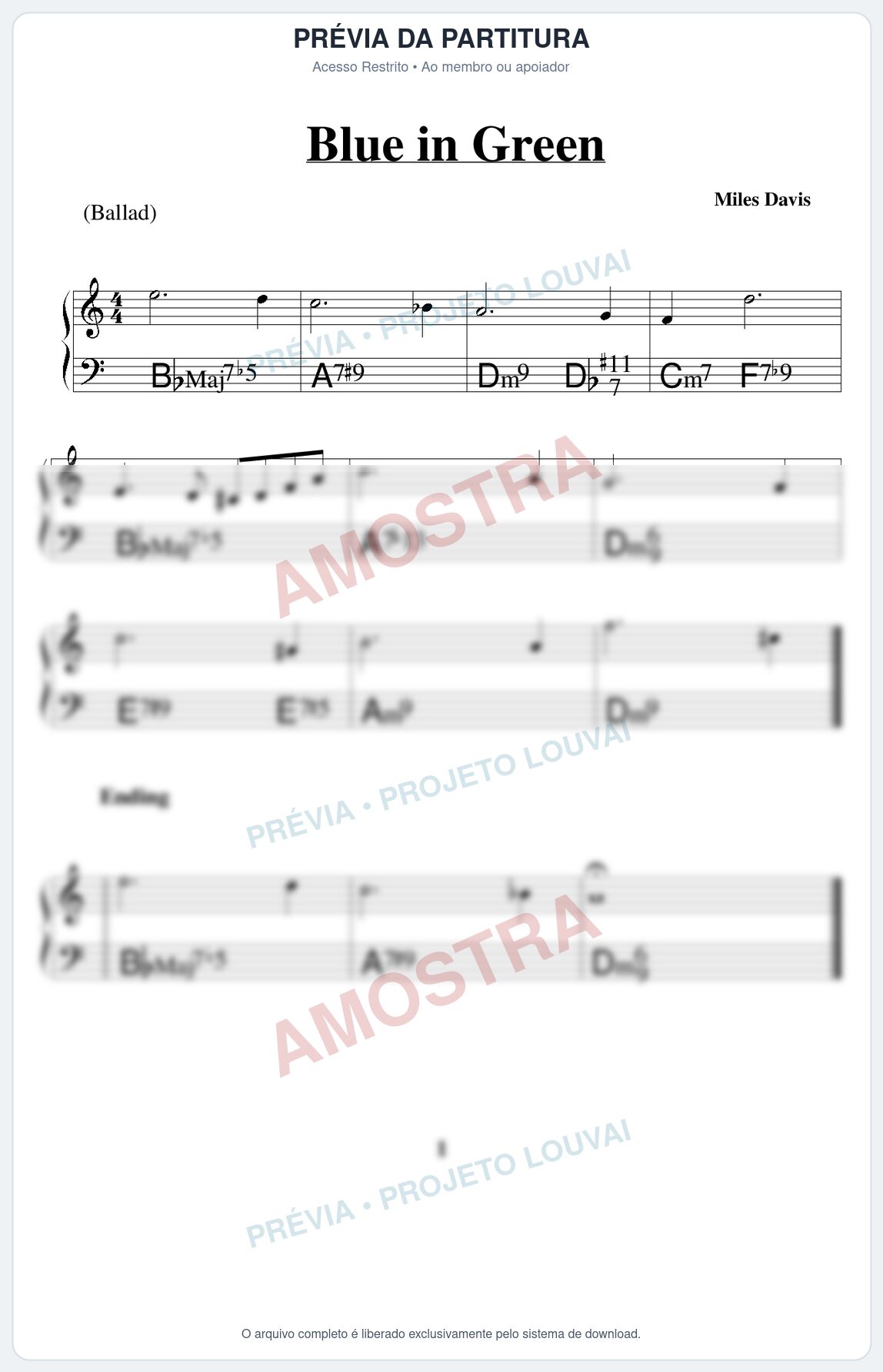 Prévia protegida da primeira página da partitura Partitura para Saxofone Alto - Blue in Green - Real Book de Jazz