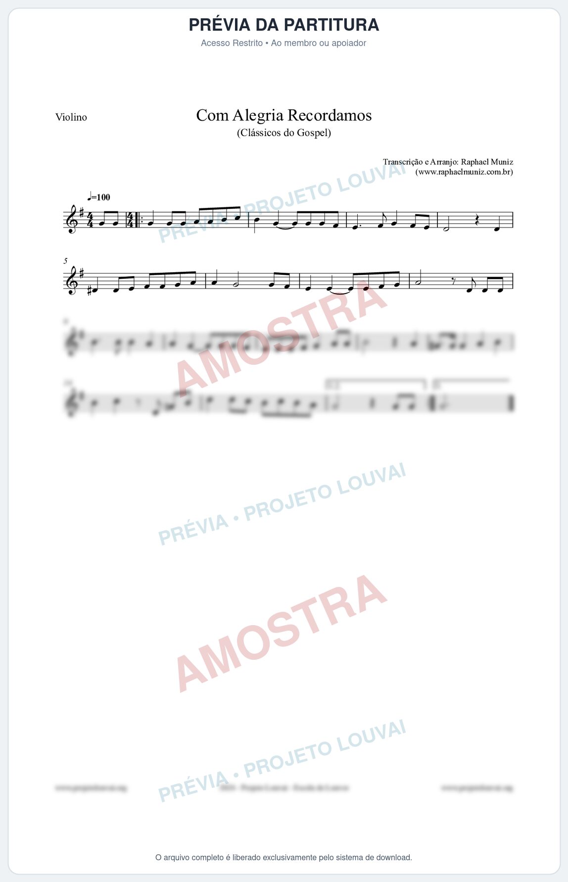 Prévia protegida da primeira página da partitura Partitura para Violino - Com Alegria Recordamos - HCC 613 - Clássicos do Gospel