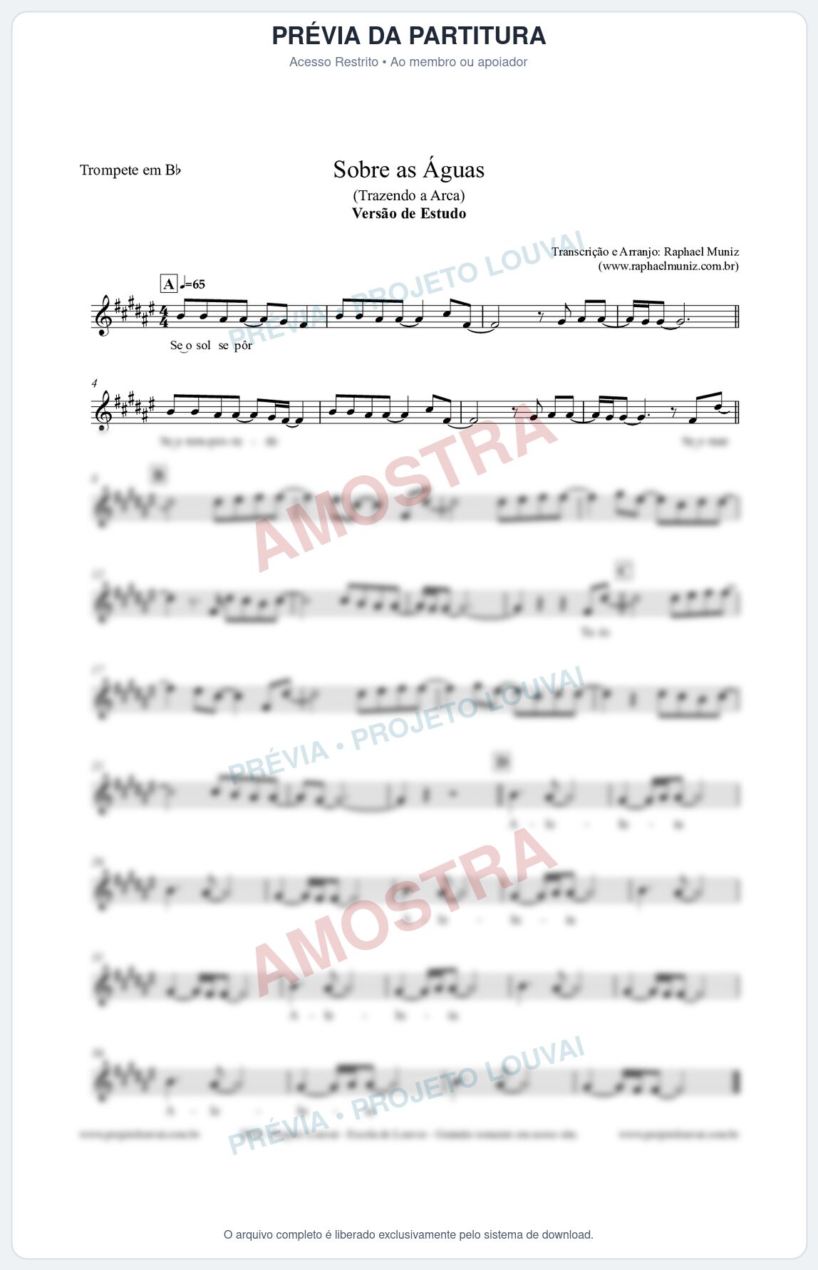 Prévia protegida da primeira página da partitura Partitura para Trompete em Bb - Sobre as Águas (Versão de Estudo) - Trazendo a Arca