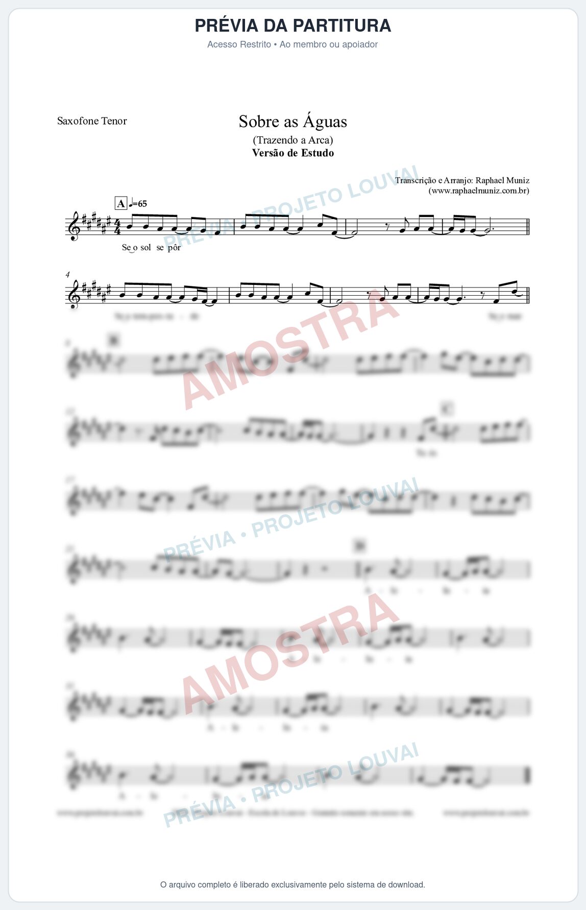 Prévia protegida da primeira página da partitura Partitura para Saxofone Tenor - Sobre as Águas (Versão de Estudo) - Trazendo a Arca