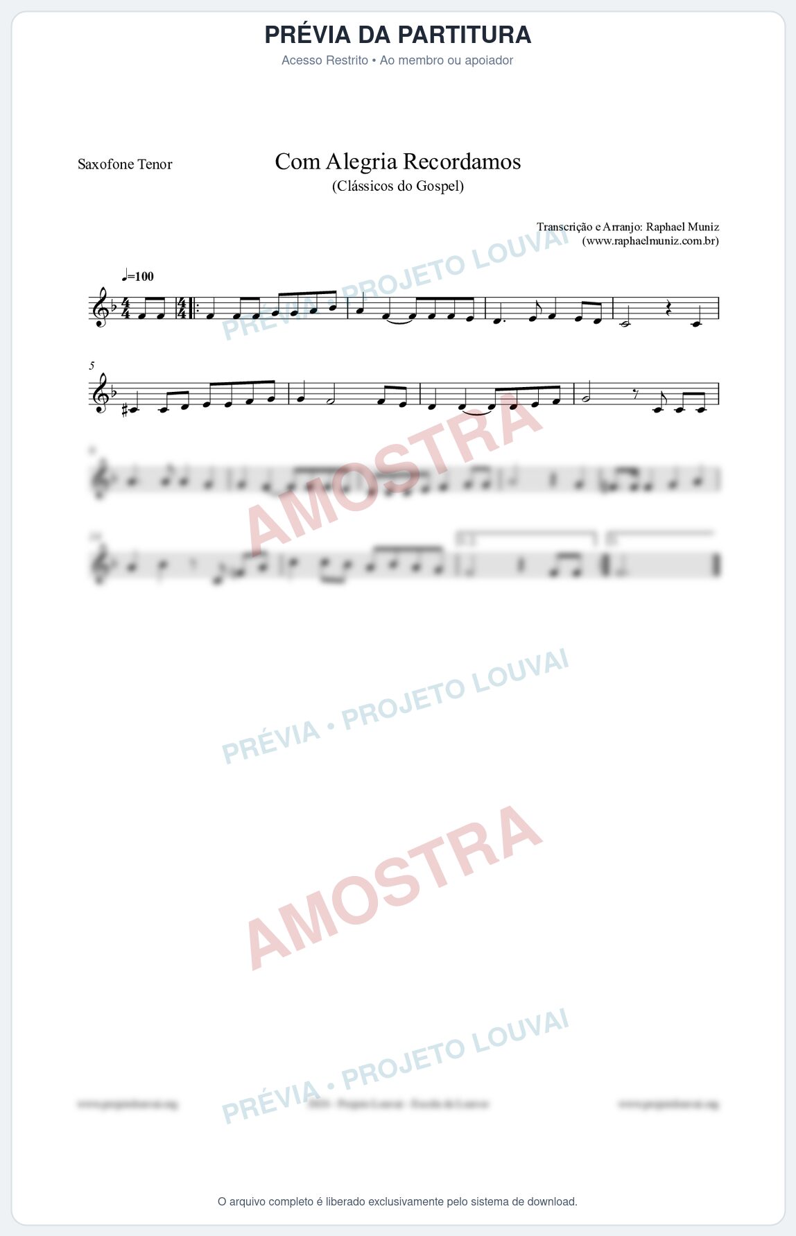 Prévia protegida da primeira página da partitura Partitura para Saxofone Tenor - Com Alegria Recordamos - HCC 613 - Clássicos do Gospel