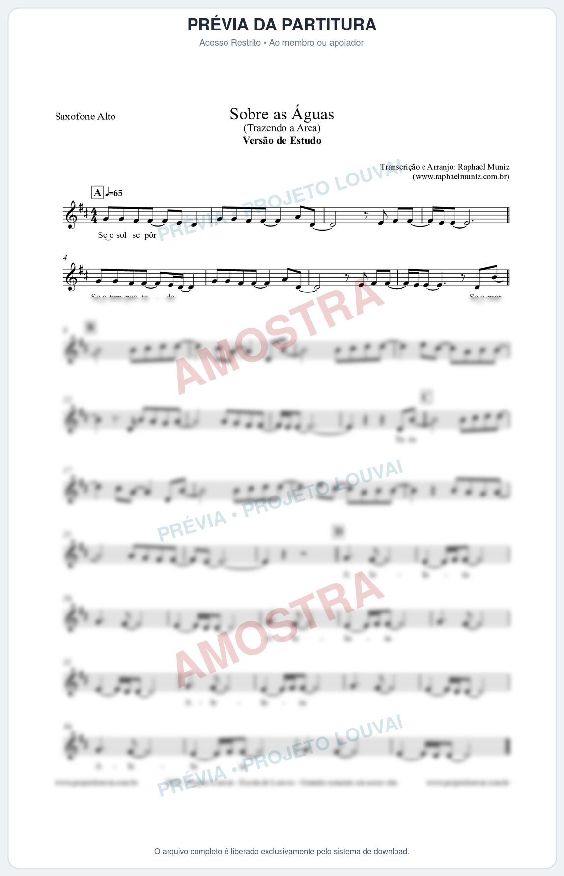 Prévia protegida da primeira página da partitura Partitura para Saxofone Alto - Sobre as Águas (Versão de Estudo) - Trazendo a Arca