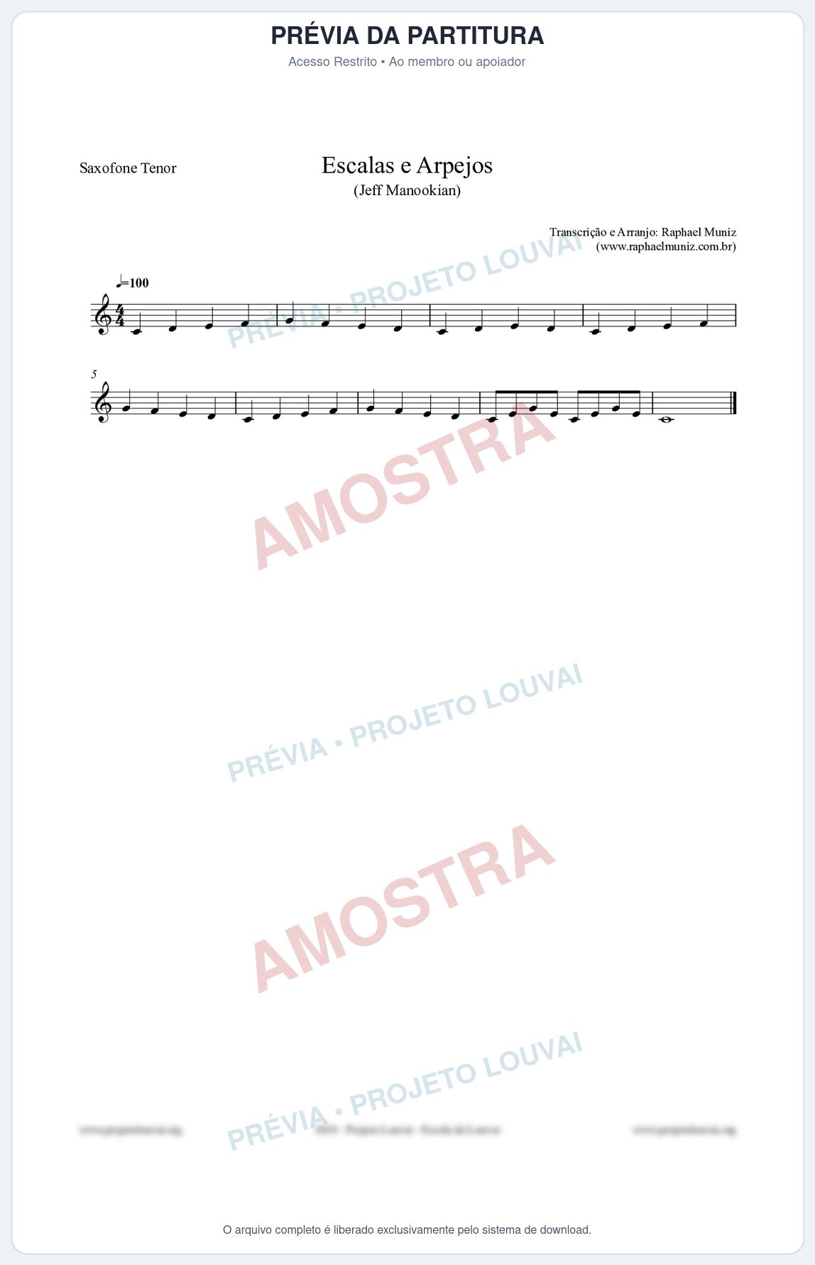 Prévia protegida da primeira página da partitura Partitura para Saxofone Tenor - Escalas e Arpejos - Jeff Manookian