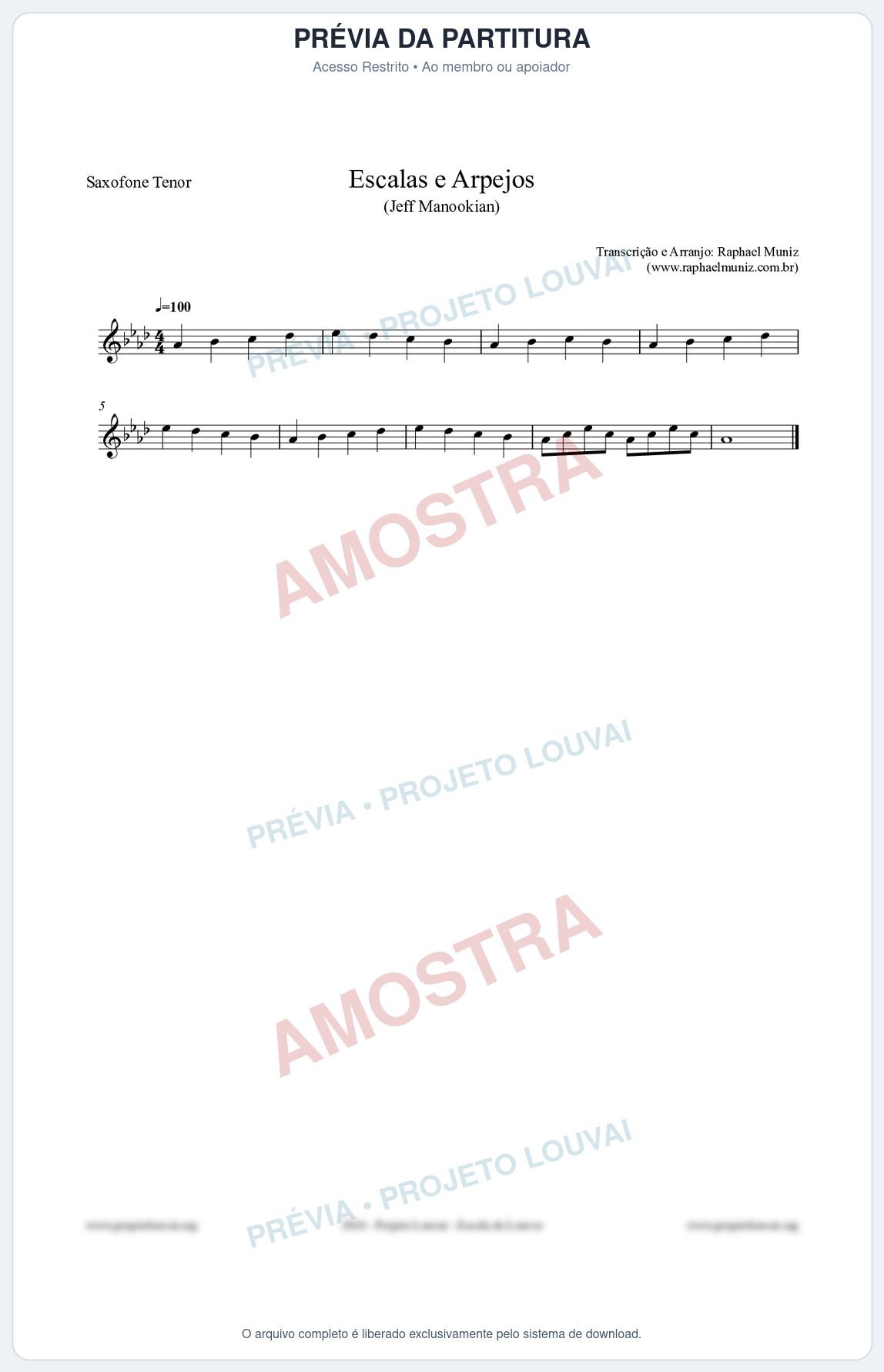 Prévia protegida da primeira página da partitura Partitura para Saxofone Tenor - Escalas e Arpejos - Jeff Manookian