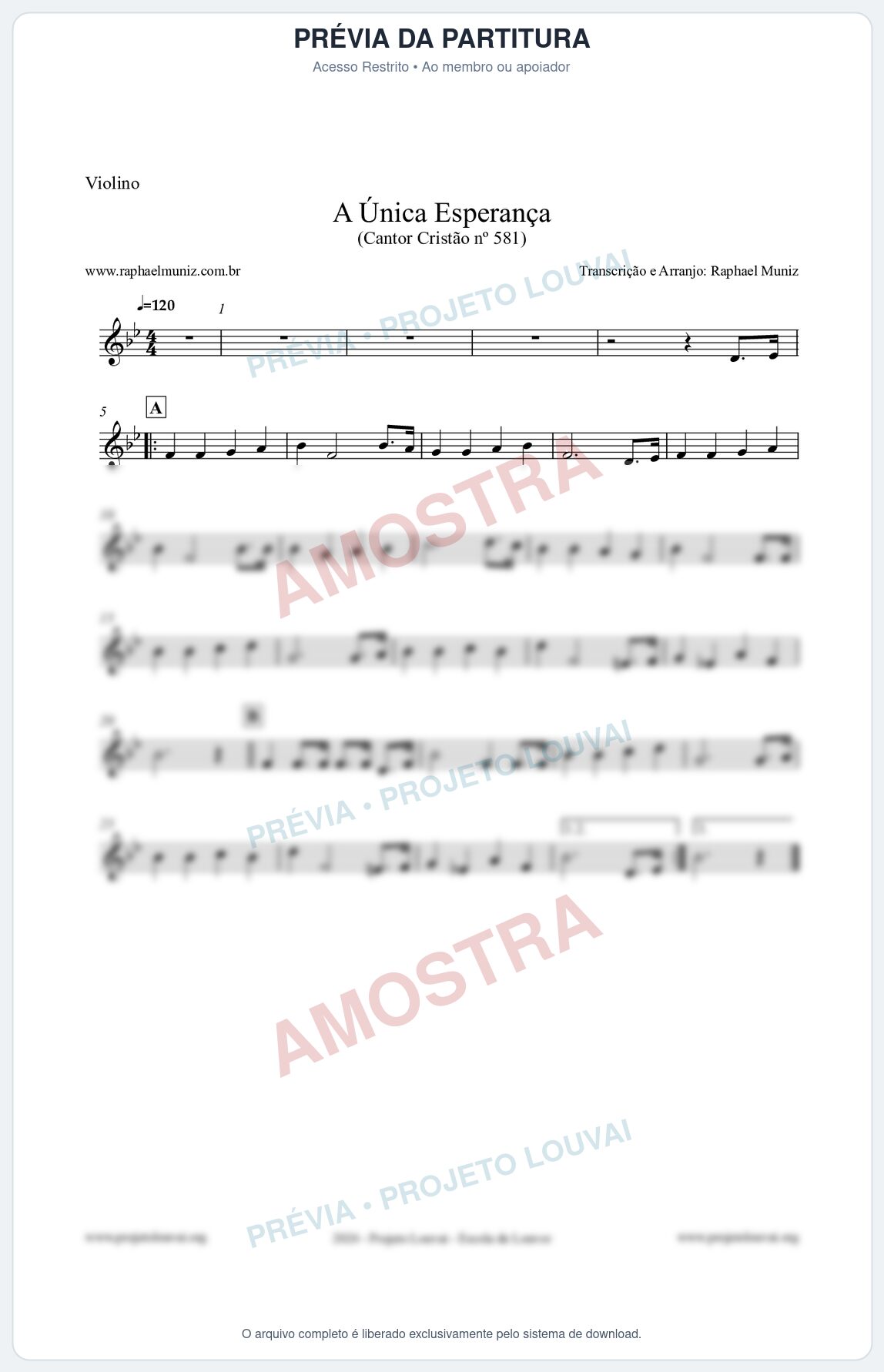 Prévia protegida da primeira página da partitura Partitura para Violino - A Única Esperança - Cantor Cristão 581 - Clássicos do Gospel