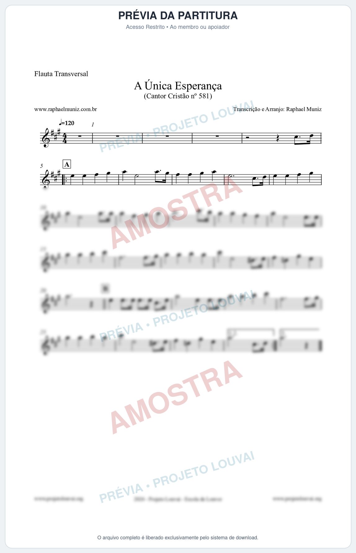 Prévia protegida da primeira página da partitura Partitura para Flauta Transversal - A Única Esperança - Cantor Cristão 581 - Clássicos do Gospel