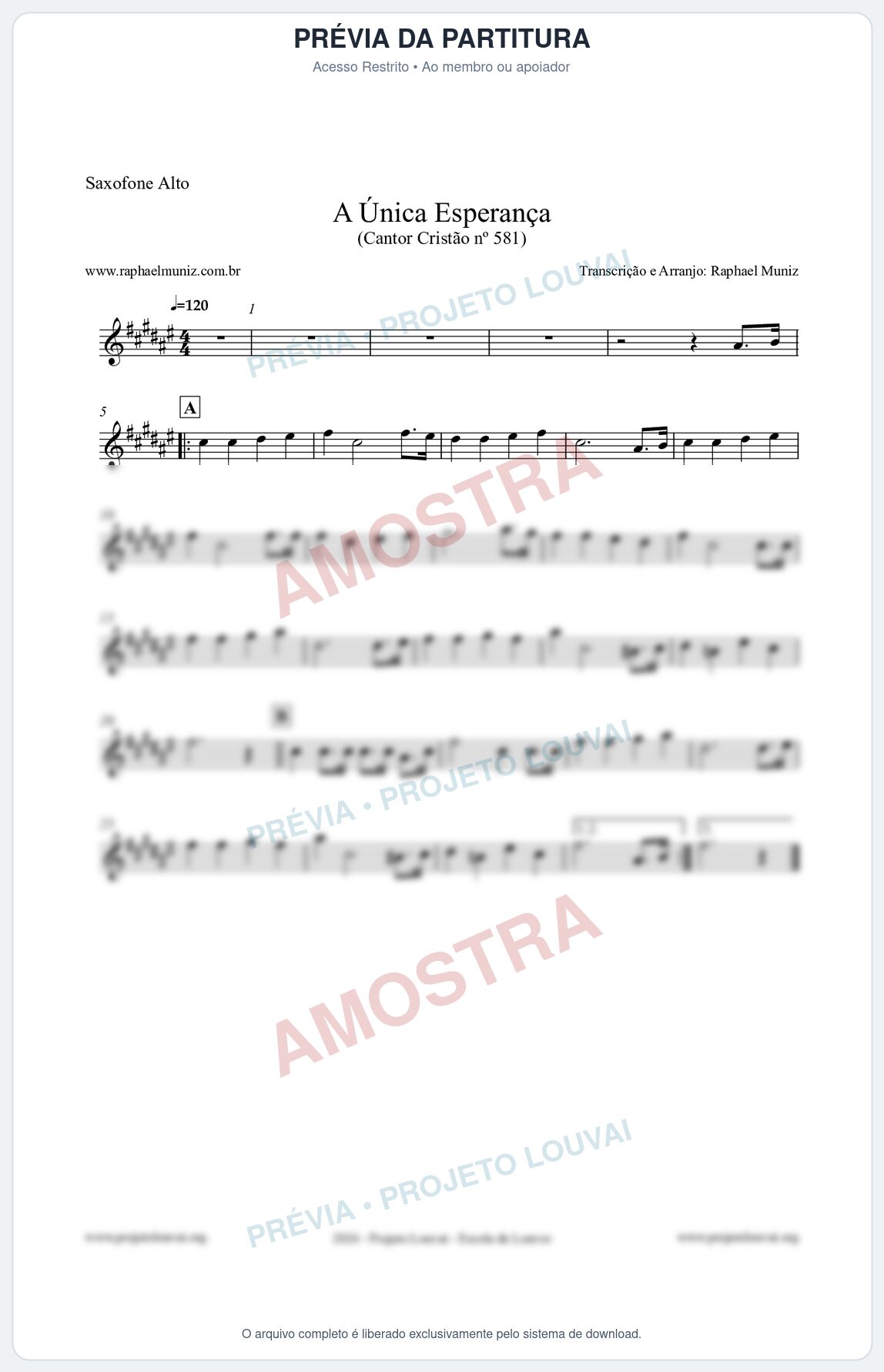 Prévia protegida da primeira página da partitura Partitura para Saxofone Alto - A Única Esperança - Cantor Cristão 581 - Clássicos do Gospel