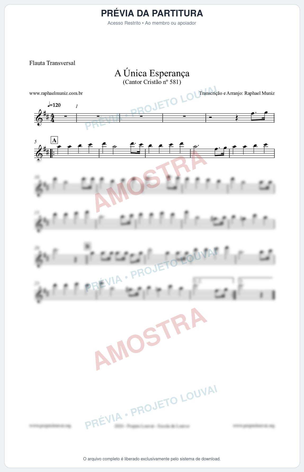 Prévia protegida da primeira página da partitura Partitura para Flauta Transversal - A Única Esperança - Cantor Cristão 581 - Clássicos do Gospel
