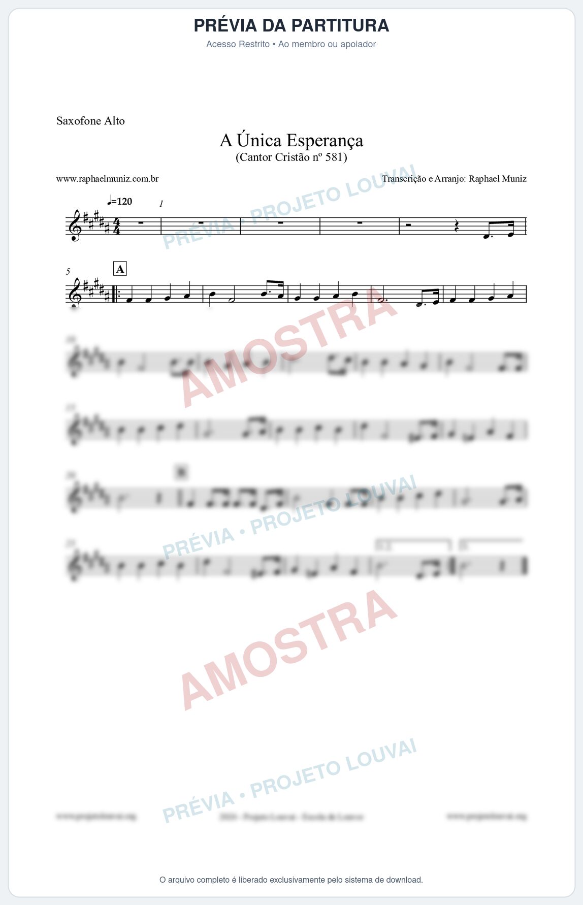 Prévia protegida da primeira página da partitura Partitura para Saxofone Alto - A Única Esperança - Cantor Cristão 581 - Clássicos do Gospel
